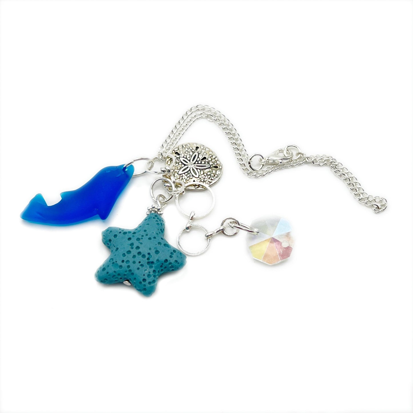 Sea Glass Dolphin Rear View Mirror Charm – Lava Bead Aromatherapy Car Diffuser, Coastal Gift