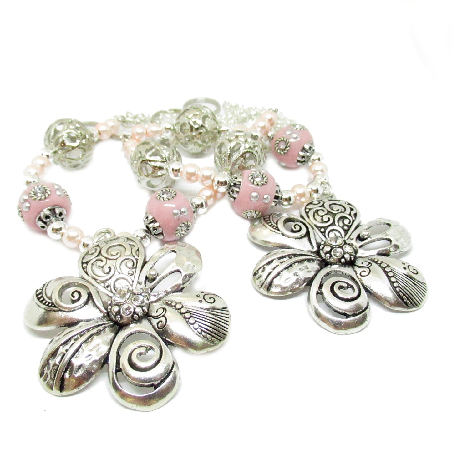 Handmade pink crystal and pearl flower curtain tiebacks with silver floral focal pendant and white pearl center, set of 2
