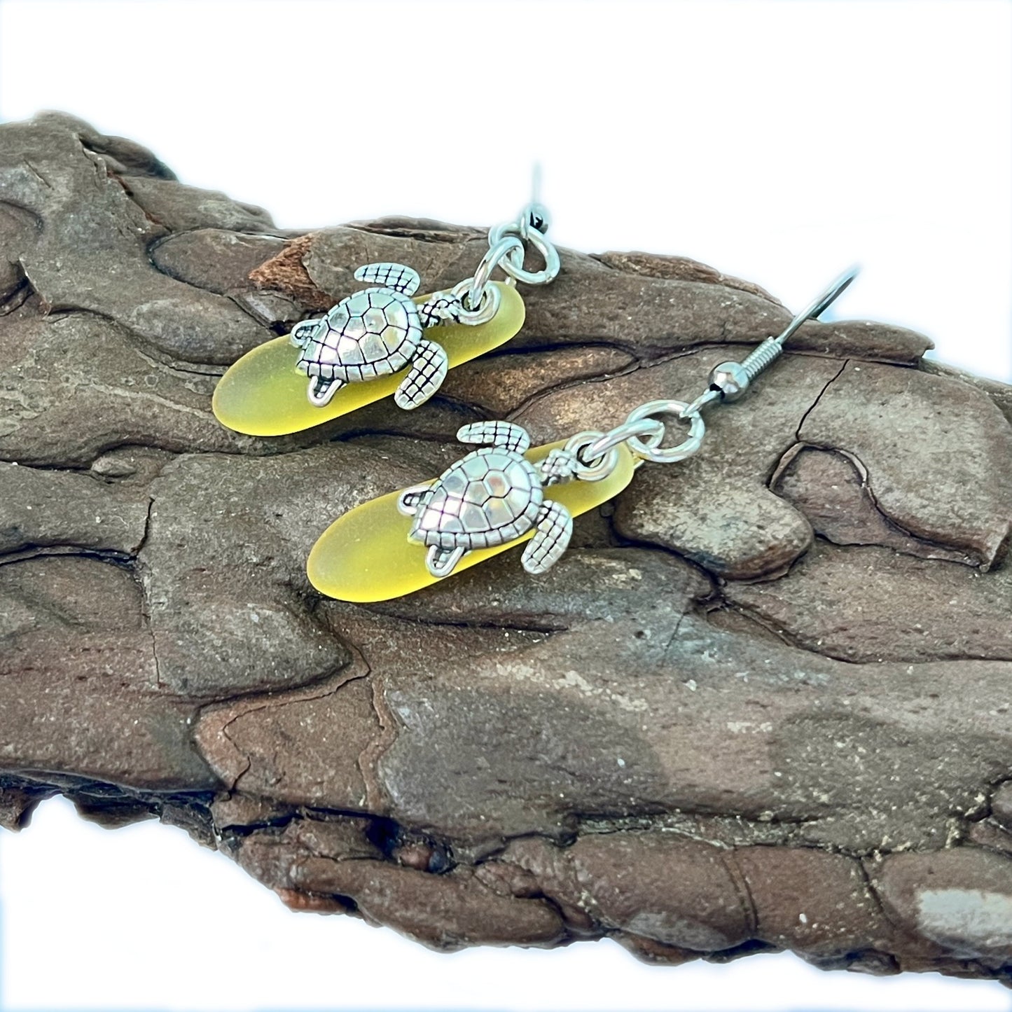 Sea Glass Turtle Dangle Earrings – Beach Wedding Jewelry in Yellow or Blue, Coastal Gift