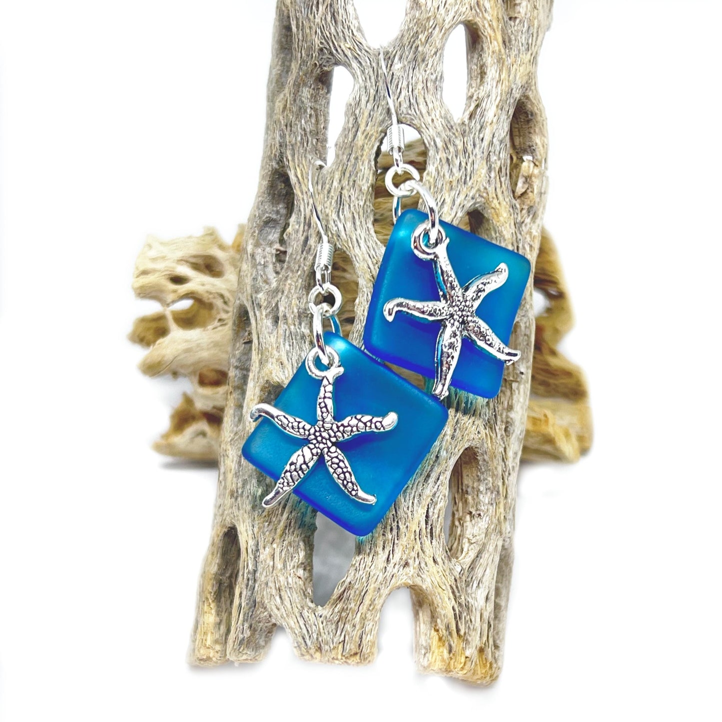 Sea Glass Starfish Earrings – Ocean Blue or Green Dangle Drop, Handmade Coastal Beach Gift
