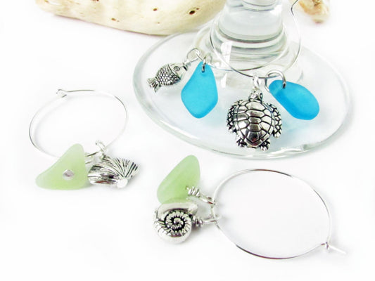 Beach Wine Charms – Sea Glass & Shell Set of 4, Coastal Hostess Gift for Wine Lovers