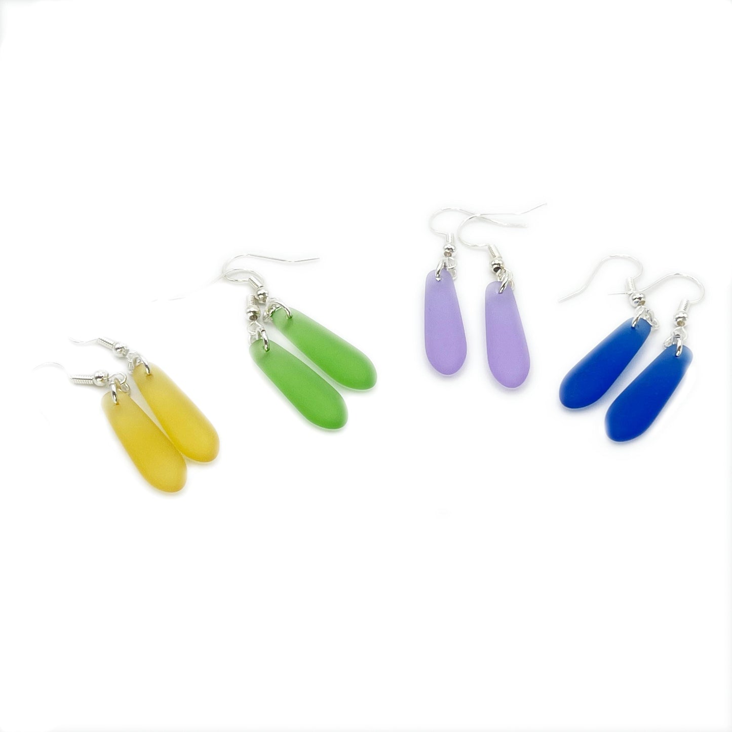 Boho Sea Glass Dangle Earrings – Yellow, Blue, Green or Purple, Handmade Coastal Beach Gift