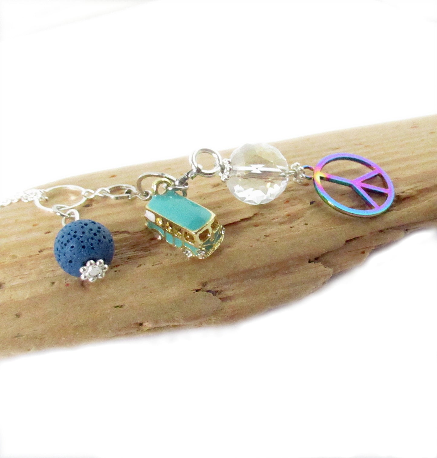 Peace Sign Car Charm – Boho Rear View Mirror Diffuser with Lava Bead & Retro Bus Charm