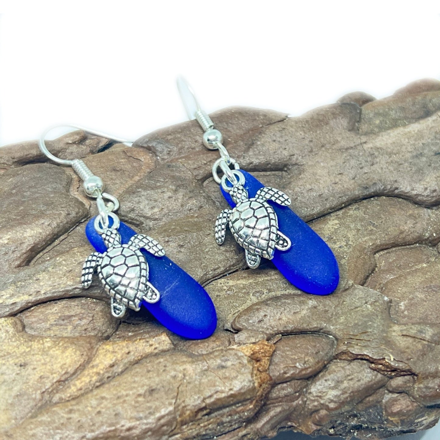 Sea Turtle Sea Glass Earrings – Cobalt Blue Handmade Ocean Jewelry