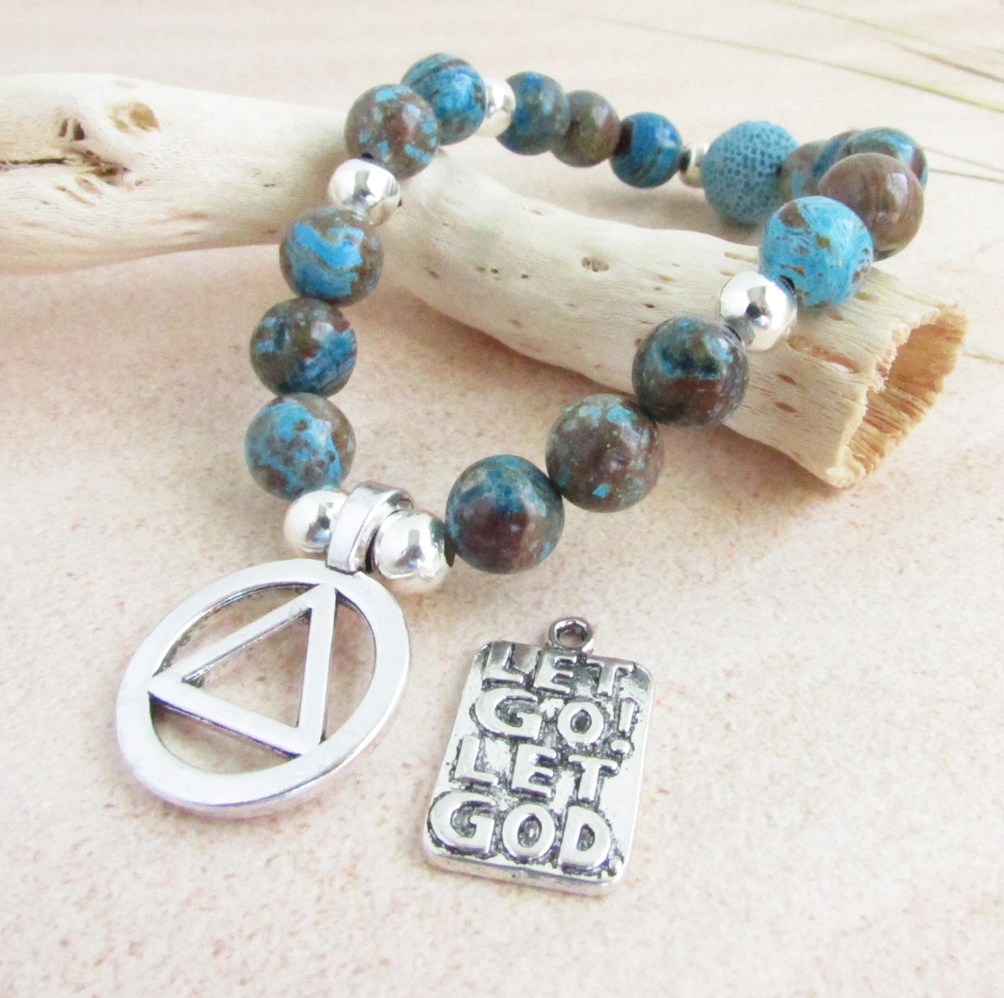AA Sobriety Bracelet – Blue Crazy Lace Agate & Lava Bead Recovery Jewelry with AA Symbol or Let Go Let God Charm