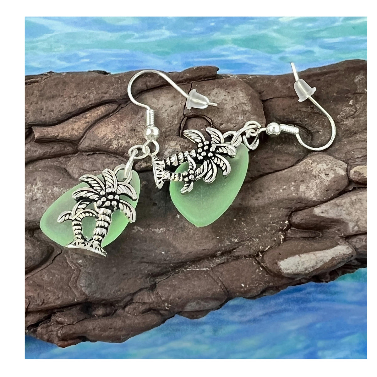 Palm Tree Dangle Earrings - Sea Glass Beach Jewelry