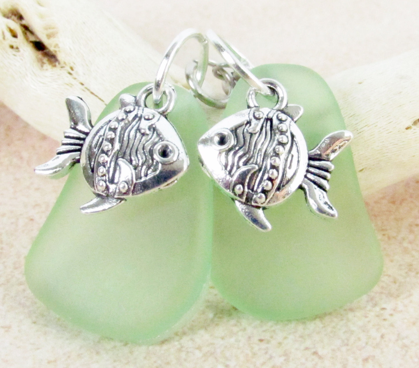 Sea Glass Goldfish Dangle Earrings – Green Eco-Friendly Coastal Beach Jewelry Gift for Her