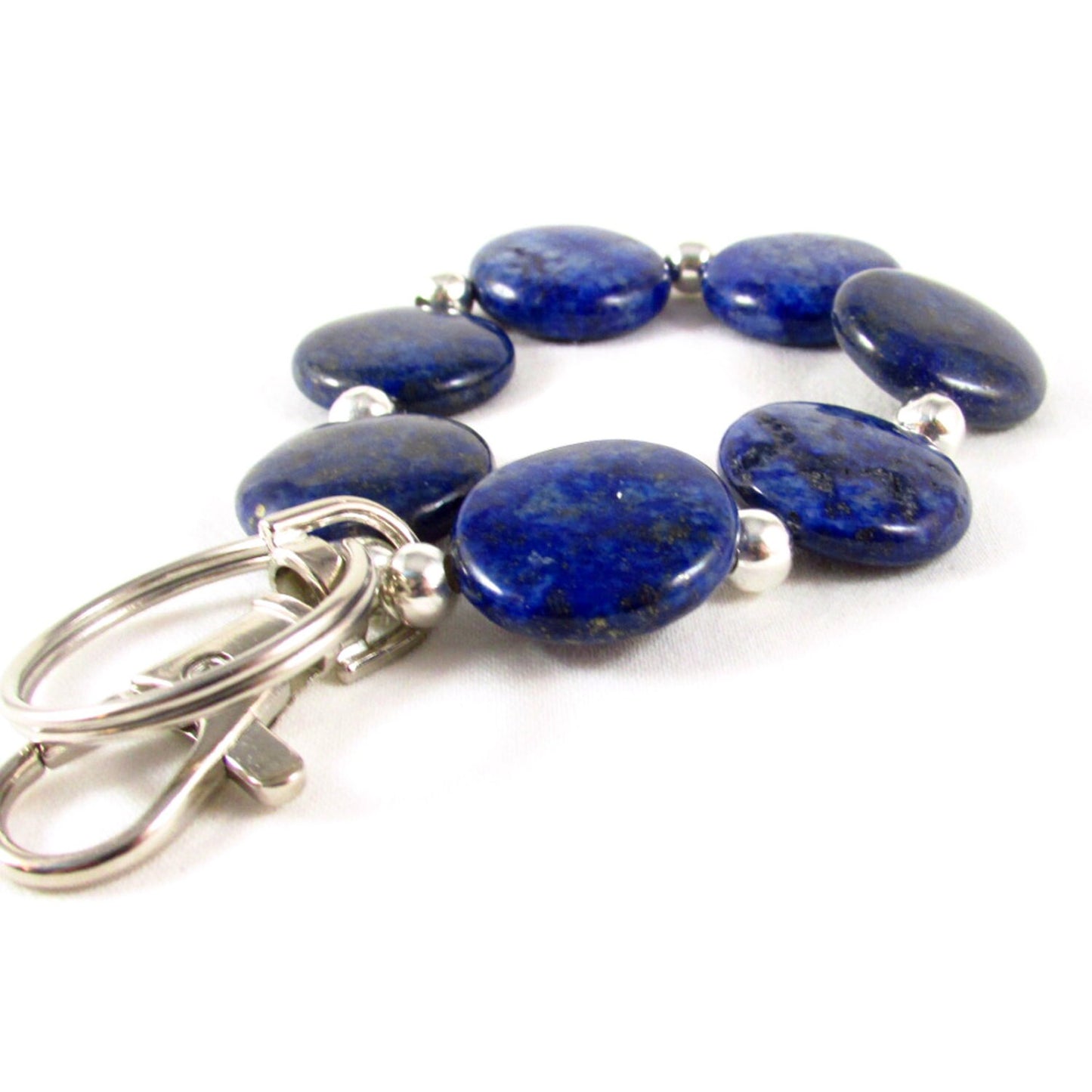 Lapis Lazuli Beaded Keychain Bracelet – Hands-Free Wristlet Keyring, Coastal Boho Gift