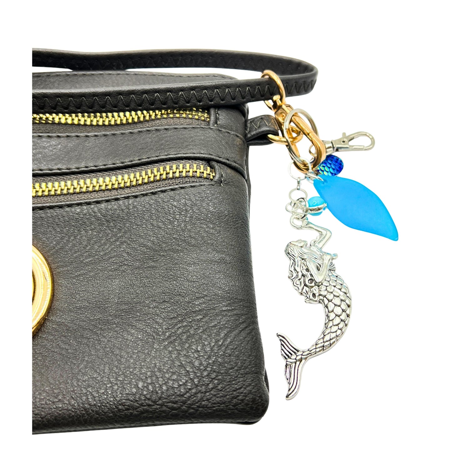 Mermaid Keychain – Large Silver Charm & Blue Sea Glass, Coastal Purse Charm (Keychain or Car Charm)