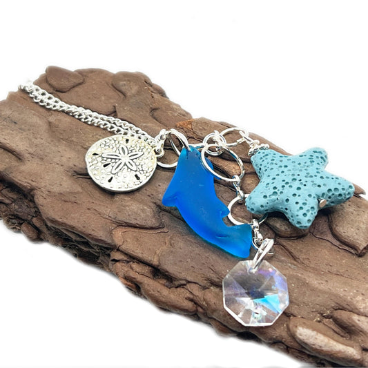 Sea Glass Dolphin Rear View Mirror Charm – Lava Bead Aromatherapy Car Diffuser, Coastal Gift