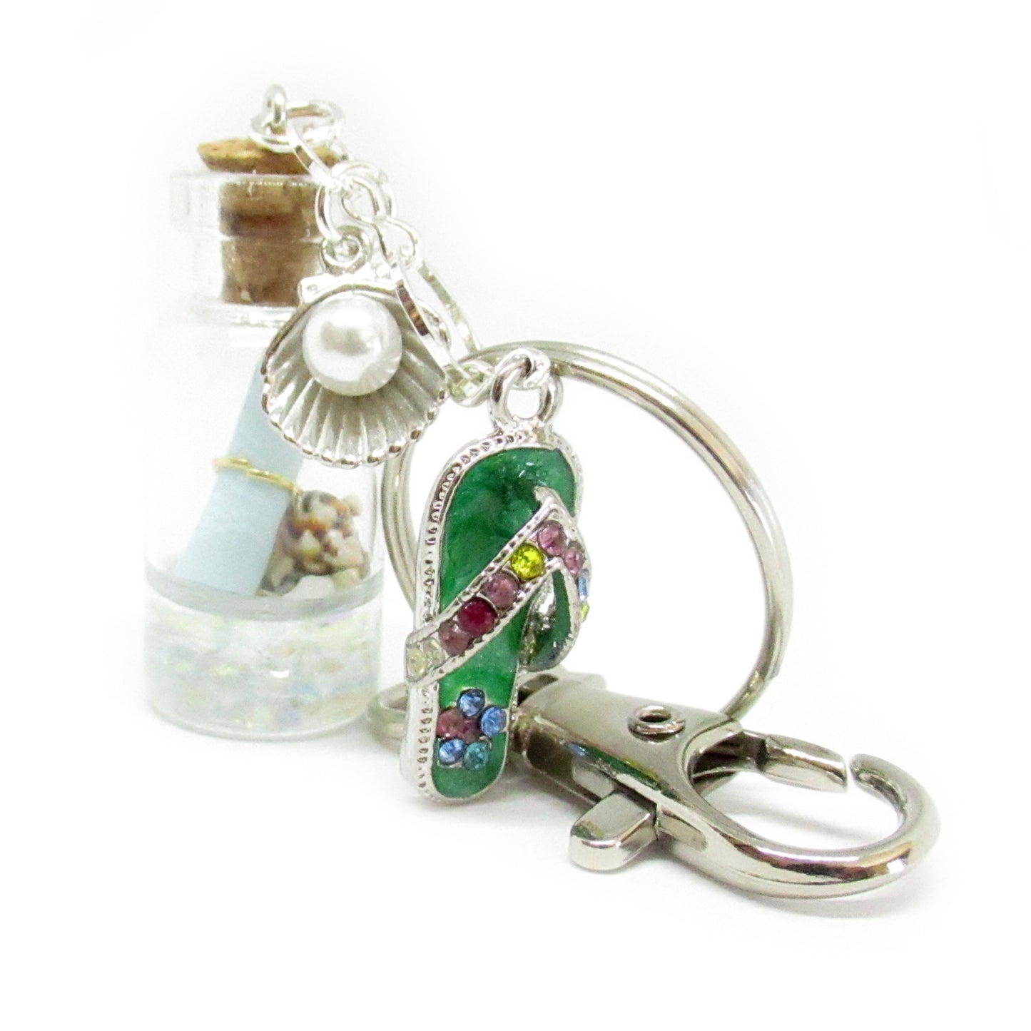 Beach Bottle Keychain – Rhinestone Flip Flop Charm with Sand & Shells, Coastal Gift for Her