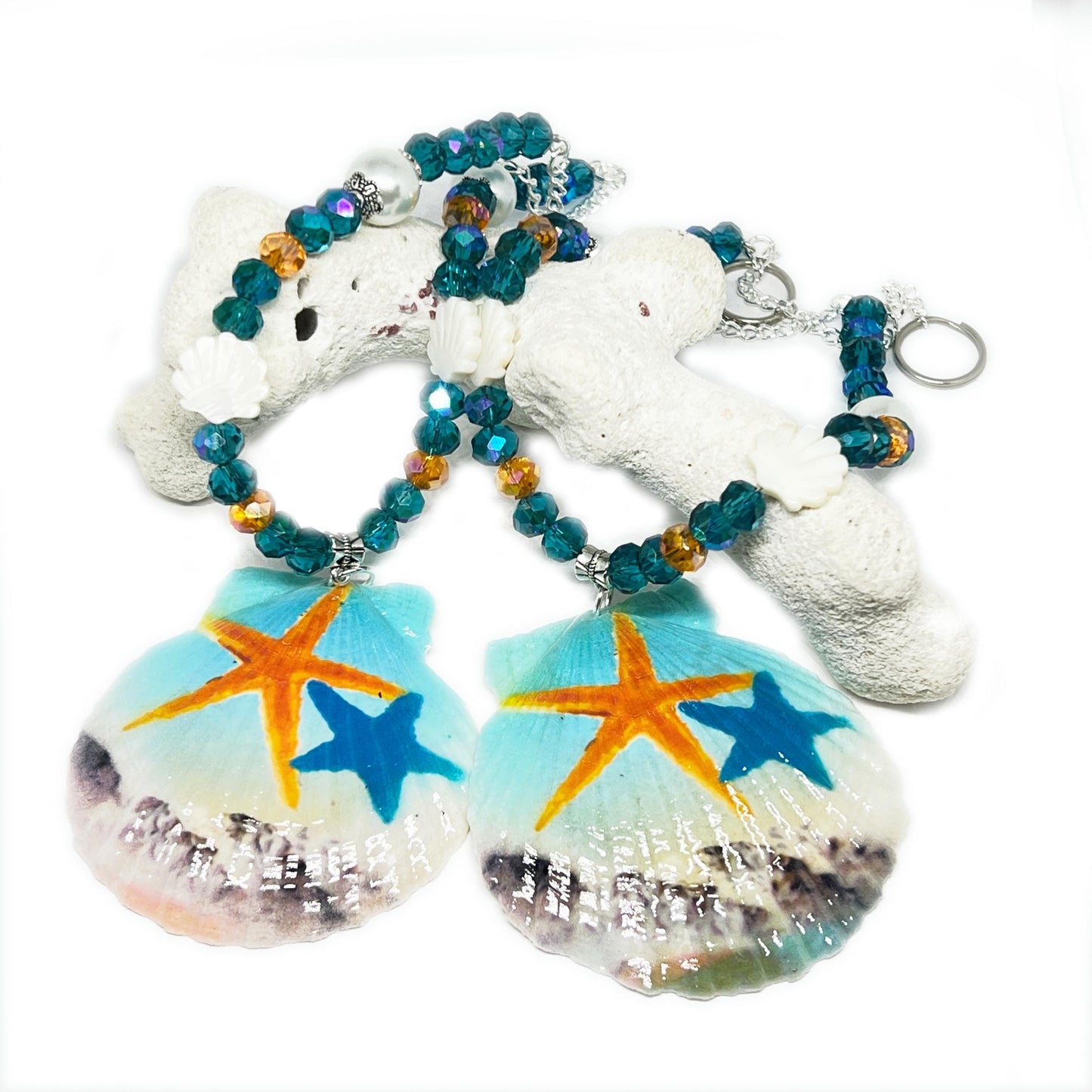 Sea Shell Curtain Tiebacks – Hand-Painted Shell Beaded Coastal Home Decor, Handmade Set of 2