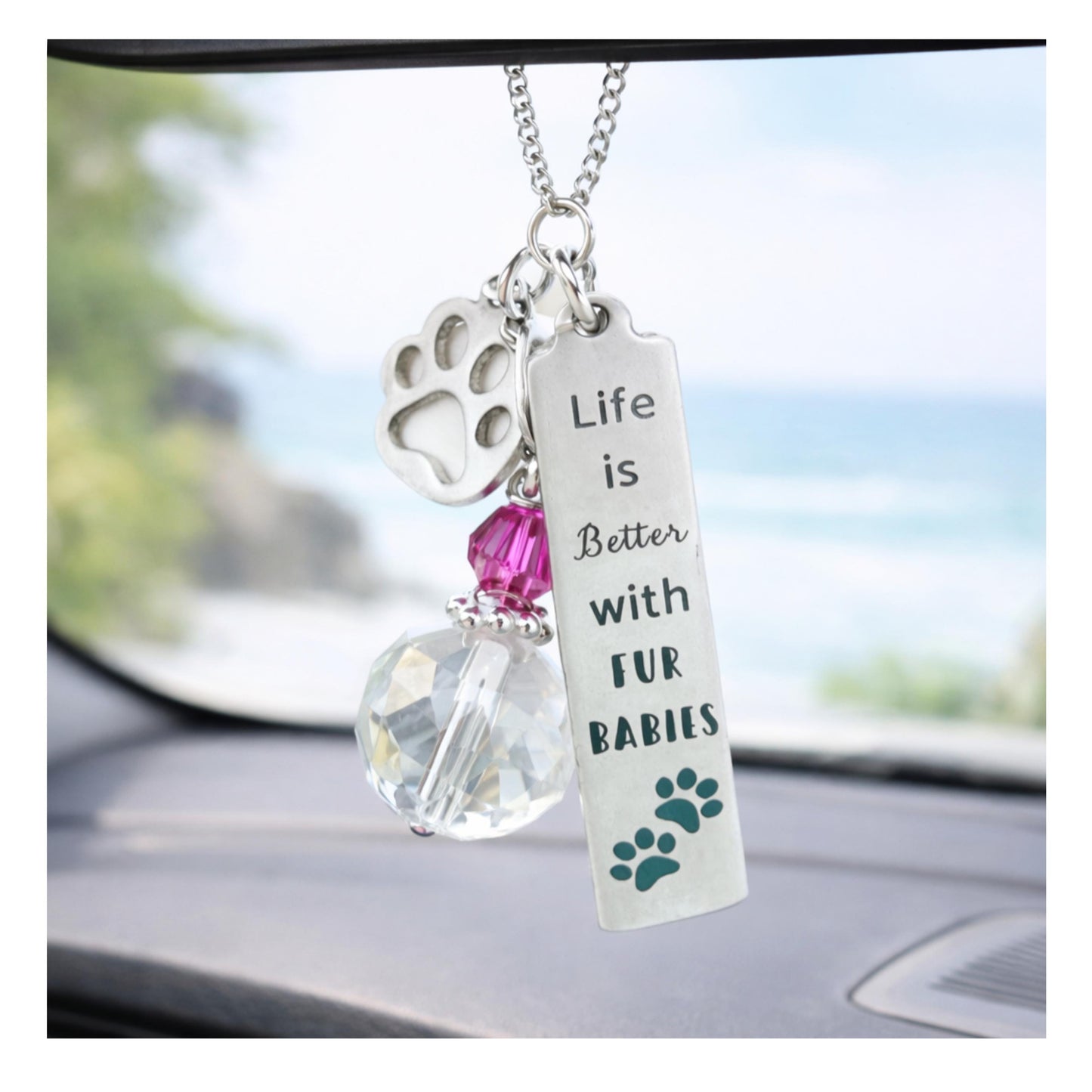 Handmade fur babies rearview mirror charm with pink crystal bead and silver paw quote charm, pet lover car gift