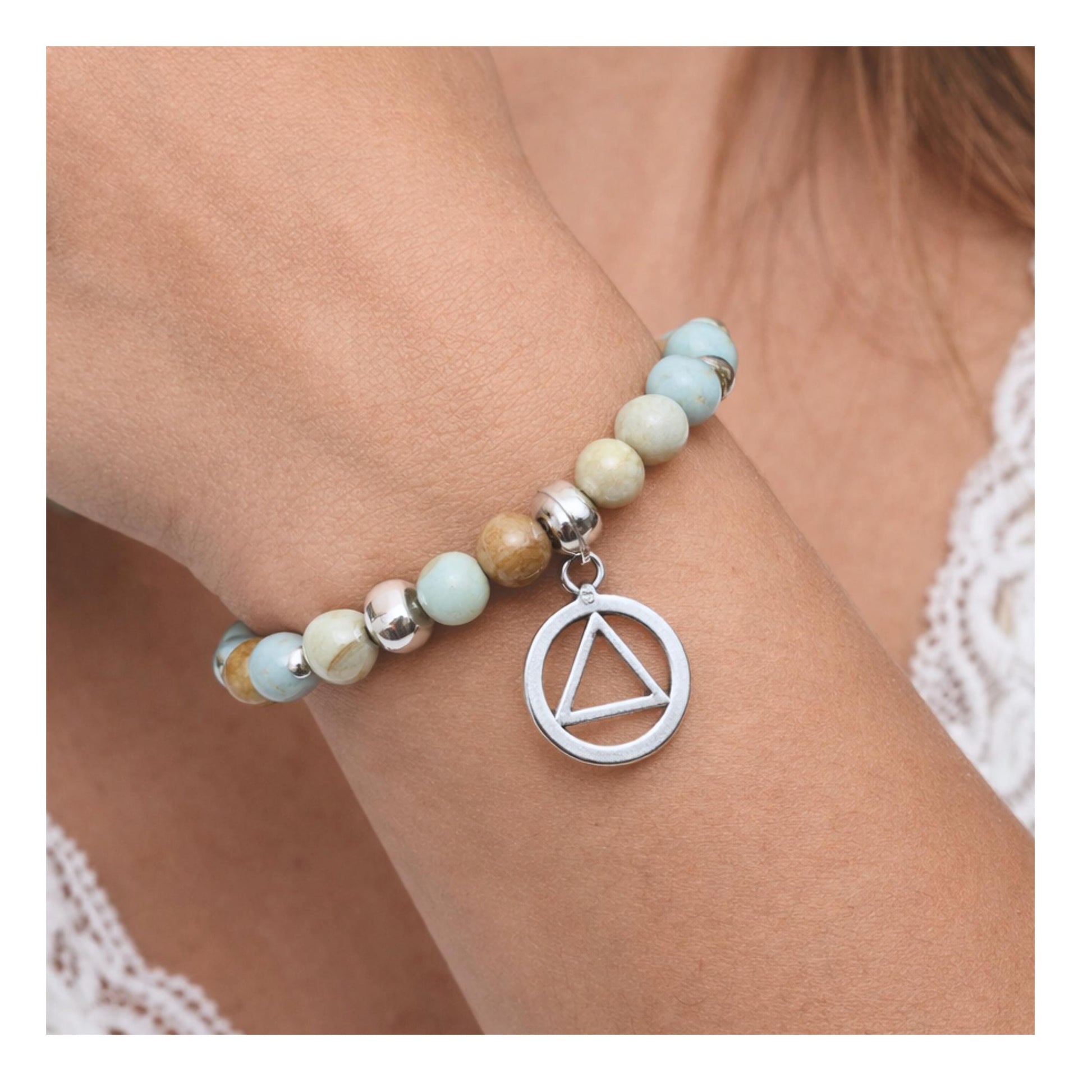 Handmade sobriety support bracelet with natural amazonite beads and lava bead, AA recovery jewelry gift

