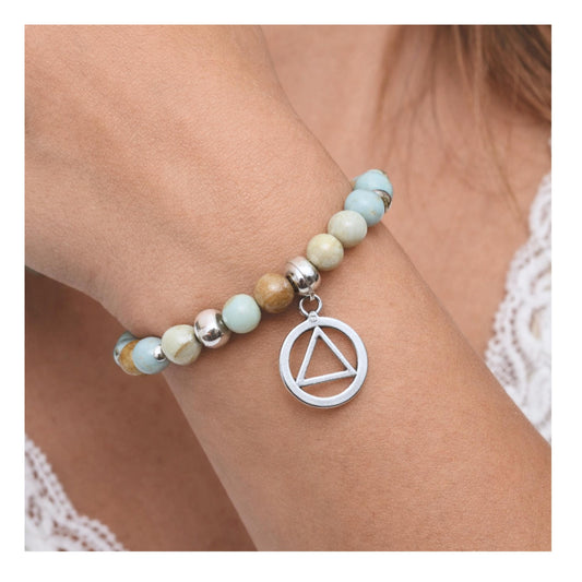 Handmade sobriety support bracelet with natural amazonite beads and lava bead, AA recovery jewelry gift

