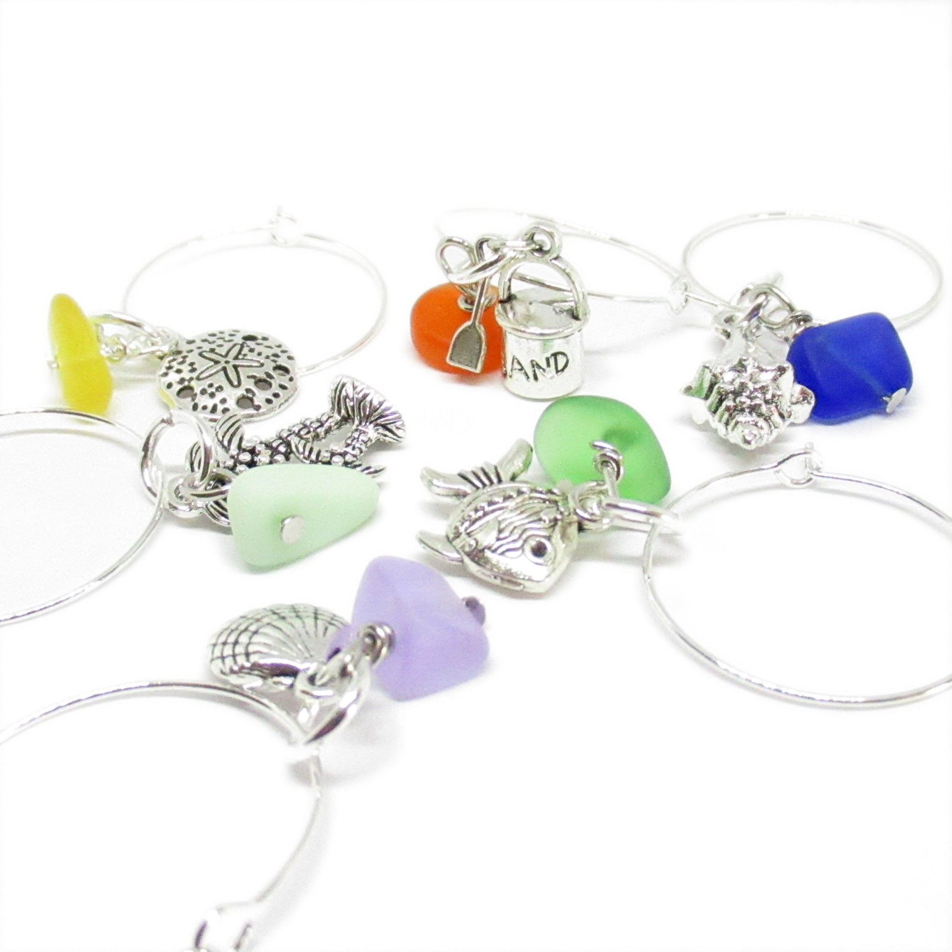 Handmade sea glass wine glass charms with silver beach pendants and colored sea glass beads, custom set in gift box