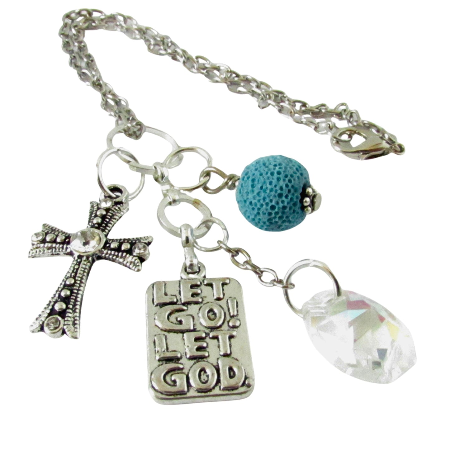 Handmade cross rearview mirror car charm with light-catching crystal and Let Go Let God quote charm