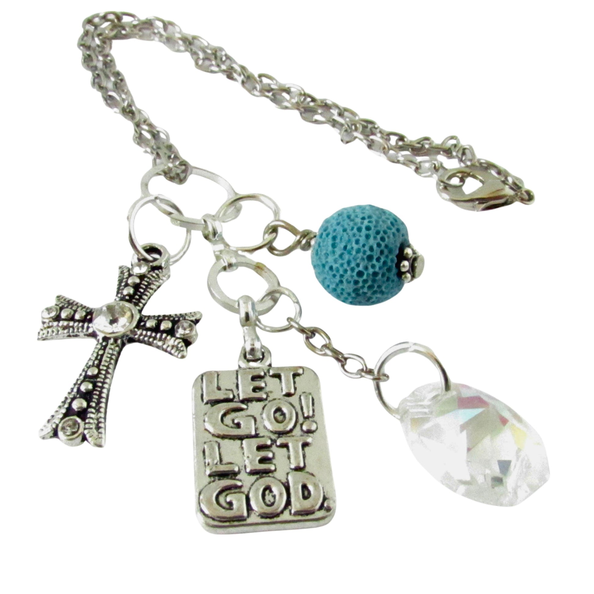 Handmade cross rearview mirror car charm with light-catching crystal and Let Go Let God quote charm