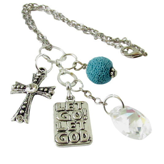 Handmade cross rearview mirror car charm with light-catching crystal and Let Go Let God quote charm
