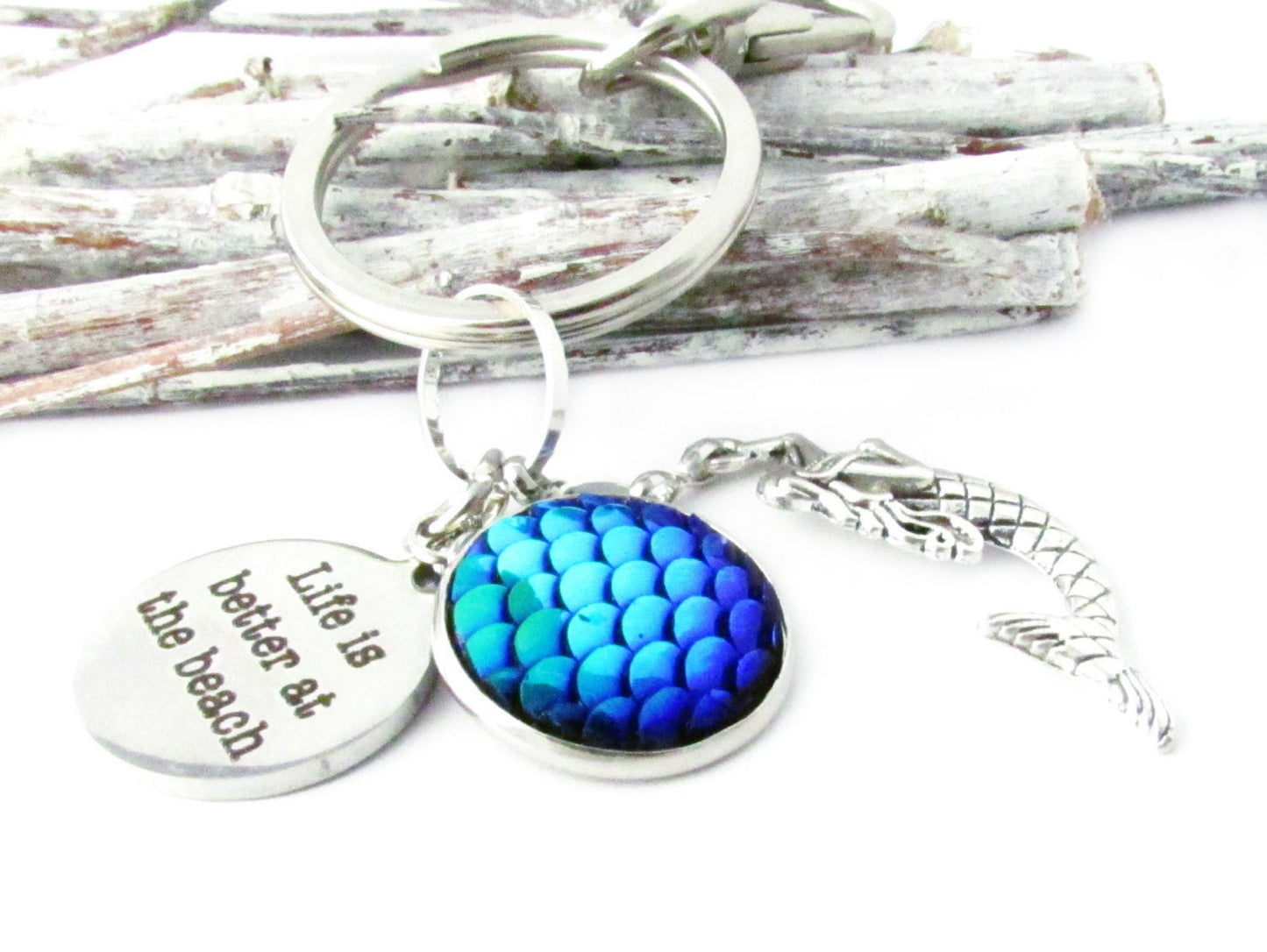 Mermaid Keychain – Life Is Better at the Beach Quote Keyring, Coastal Ocean Gift