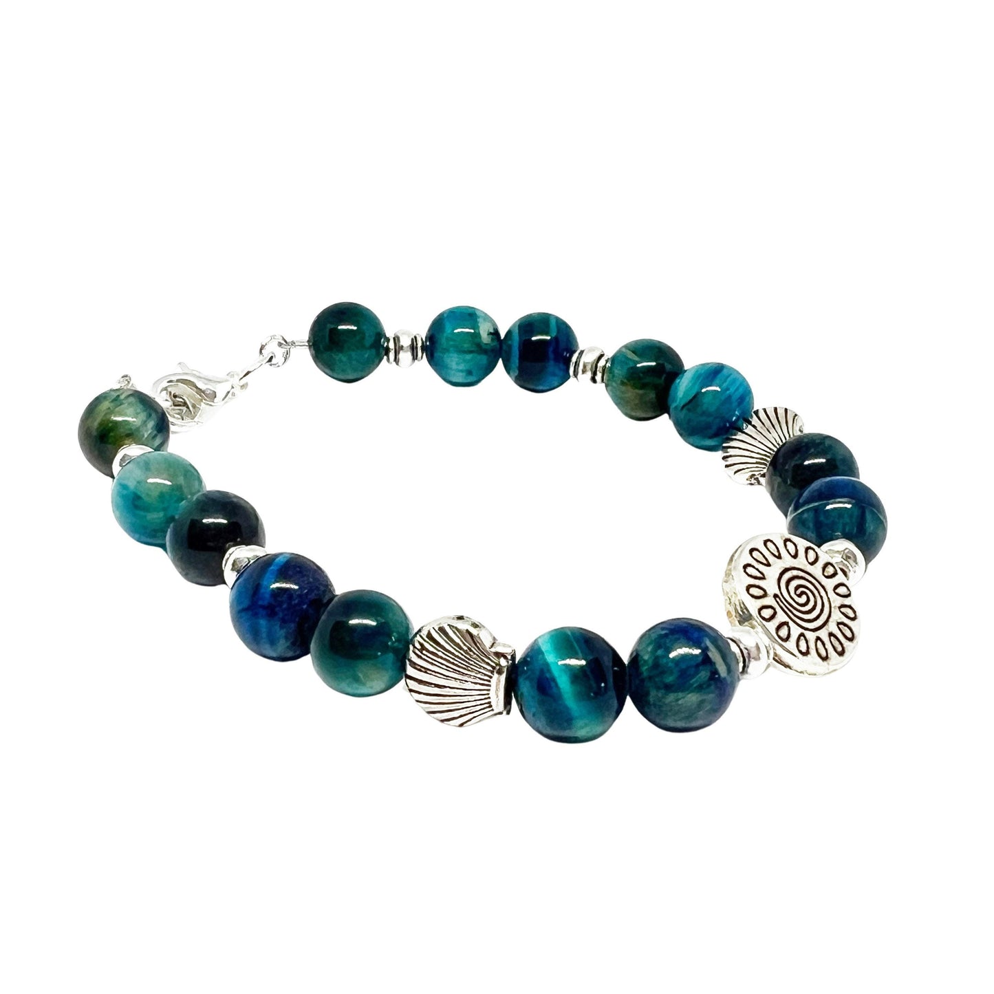 Blue Tiger Eye & Shell Bracelet – Gemstone Coastal Jewelry, Courage & Clarity Gift for Her