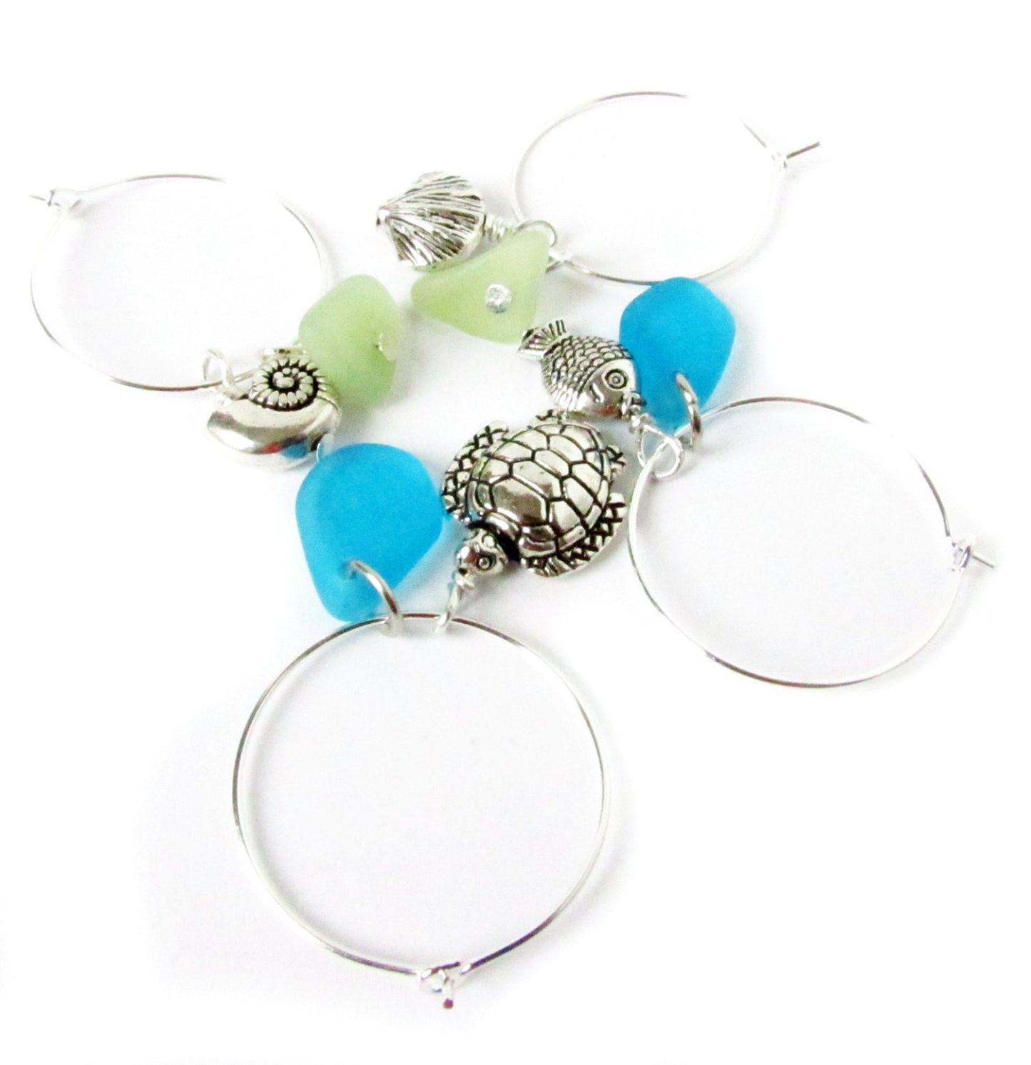 Beach Wine Charms – Sea Glass & Shell Set of 4, Coastal Hostess Gift for Wine Lovers