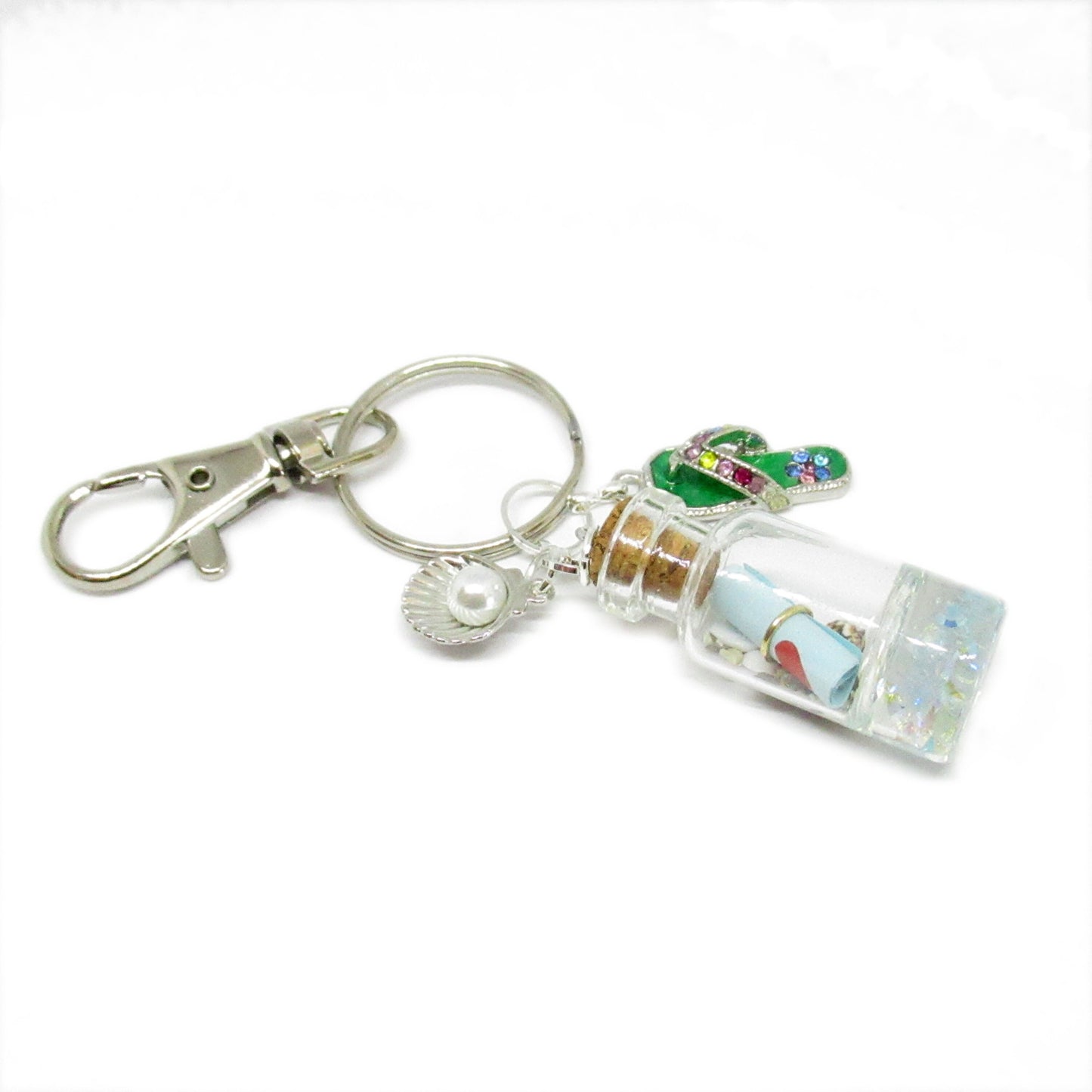 Beach Bottle Keychain – Rhinestone Flip Flop Charm with Sand & Shells, Coastal Gift for Her