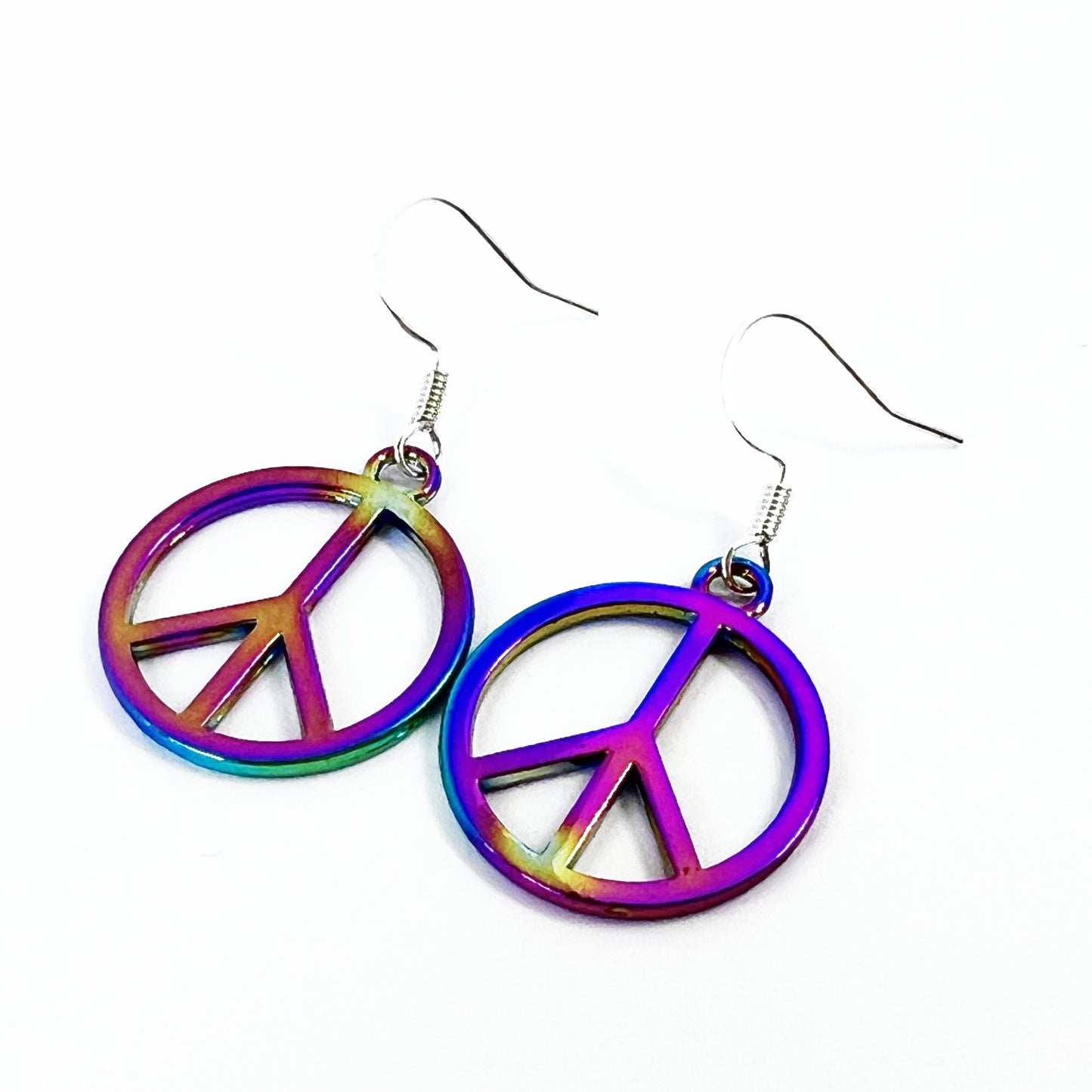 Peace Sign Earrings – Rainbow Retro 70s Groovy Hippie Dangle, Handmade Boho Gift for Her