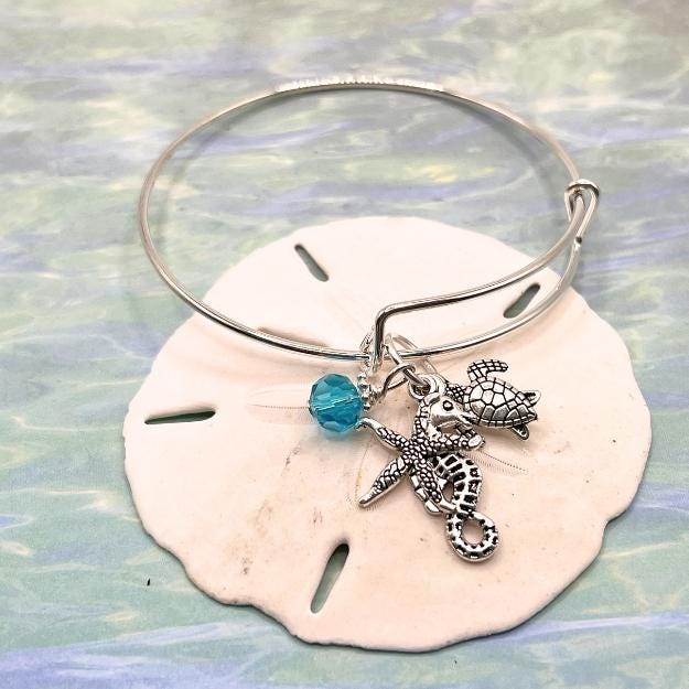 Sea Turtle Bangle Bracelet – Starfish & Seahorse Charms, Handmade Ocean Beach Jewelry Gift