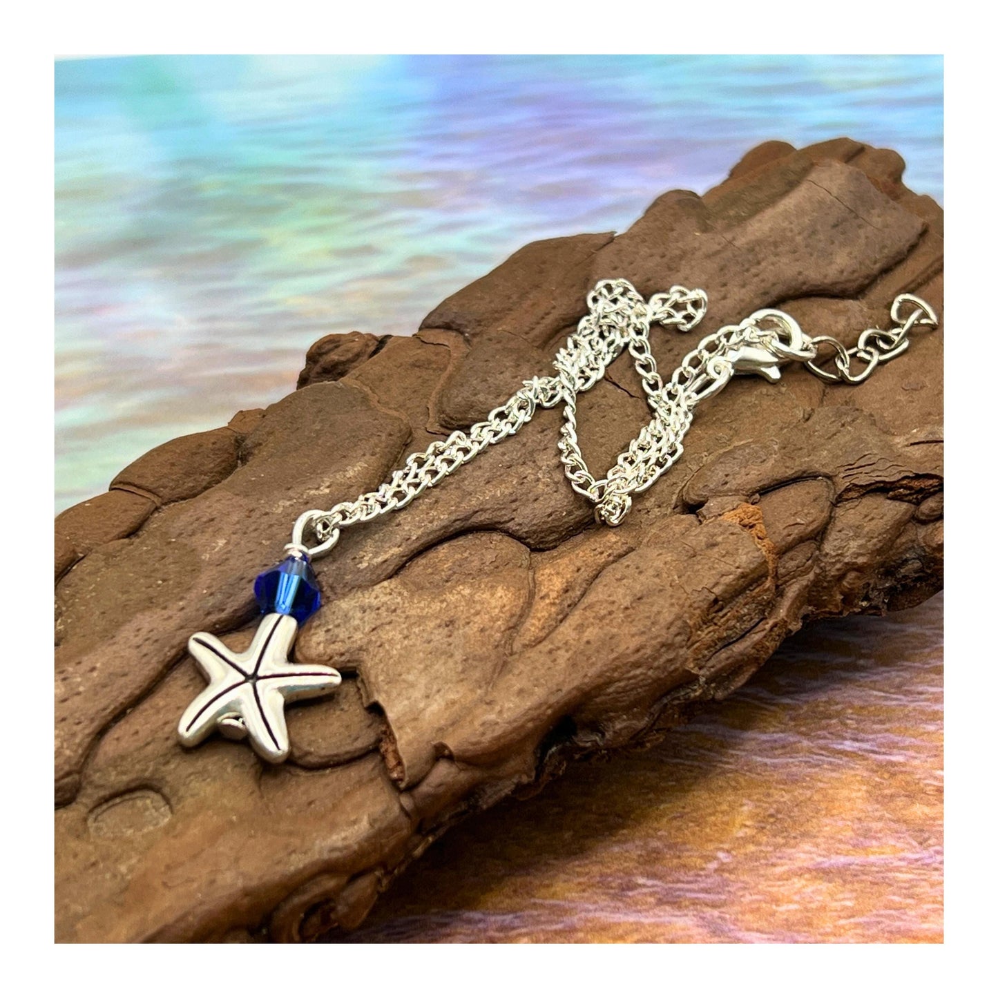 Starfish Anklet: Dainty Silver Chain with Blue Crystal Charm