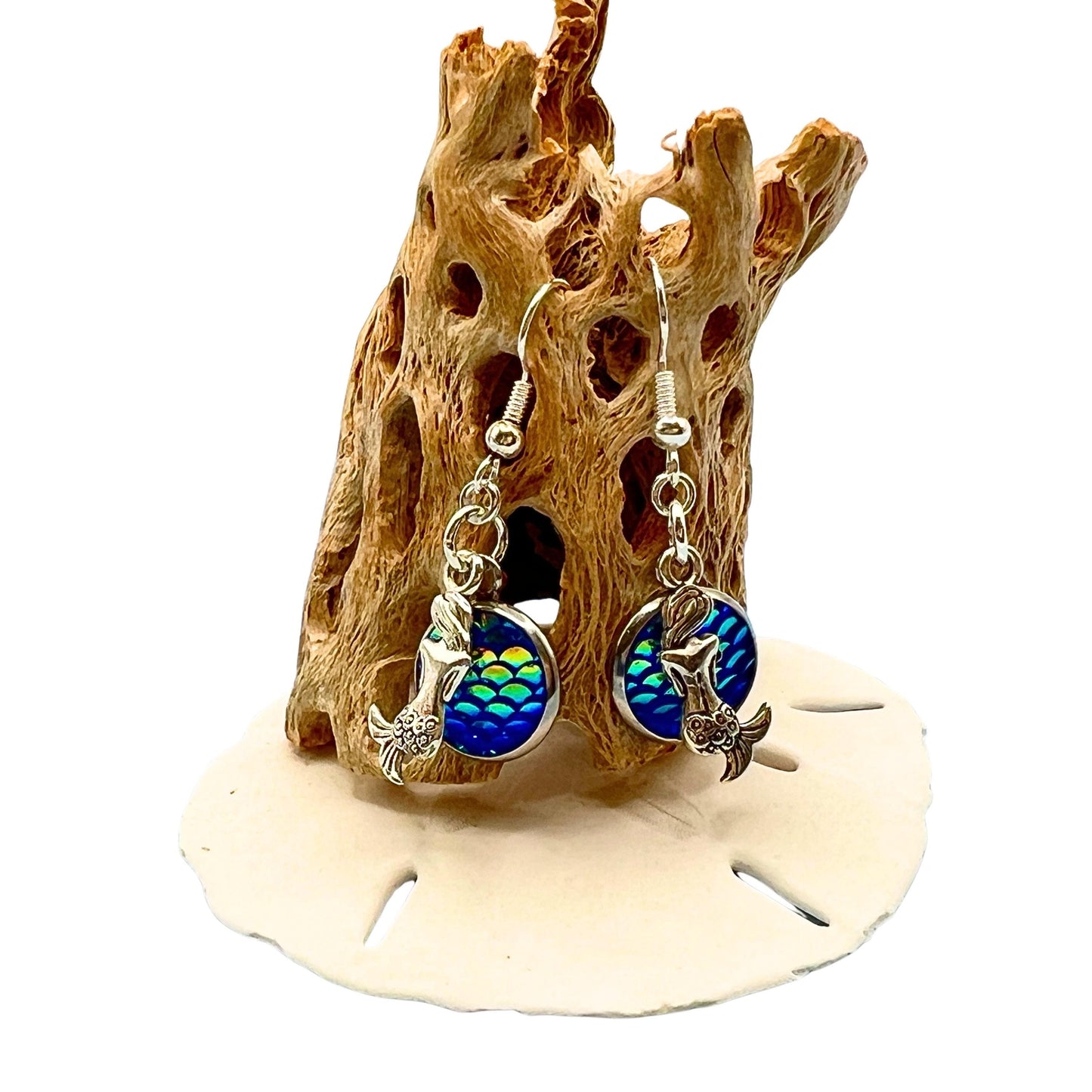Mermaid Scale Dangle Earrings – Iridescent Fish Scale & Tiny Mermaid Charms, Coastal Ocean Gift