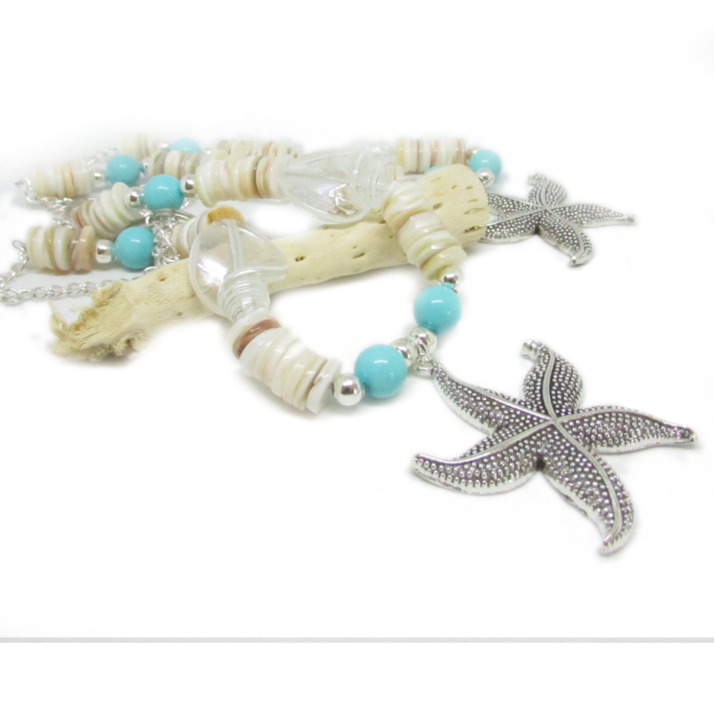 Starfish Curtain Tiebacks – Silver Starfish, Resin Shell & Sea Blue Beads, Coastal Beach House Decor (Set of 2)