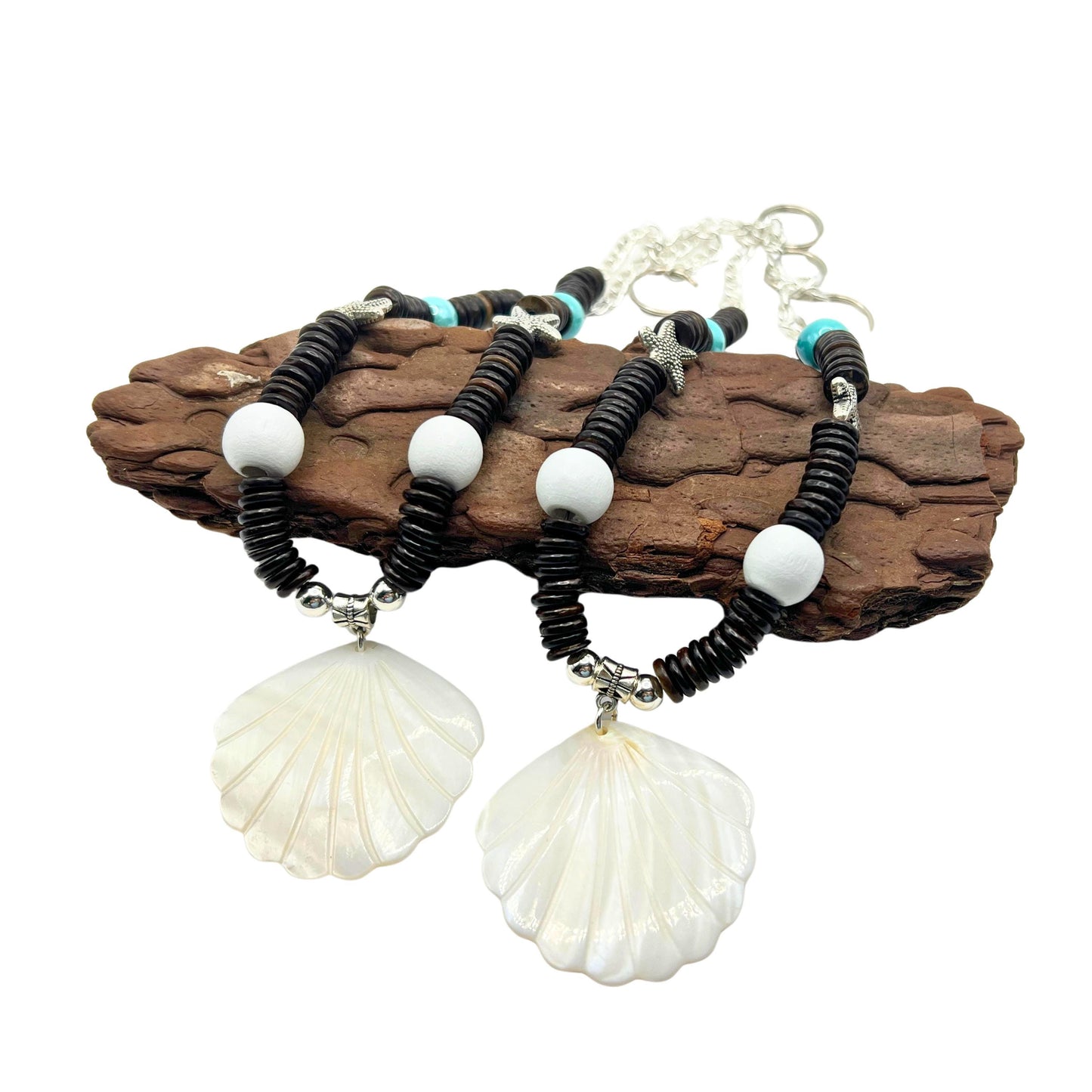 Seashell Curtain Tiebacks – Wood Bead & Starfish Coastal Beach Decor, Set of 2