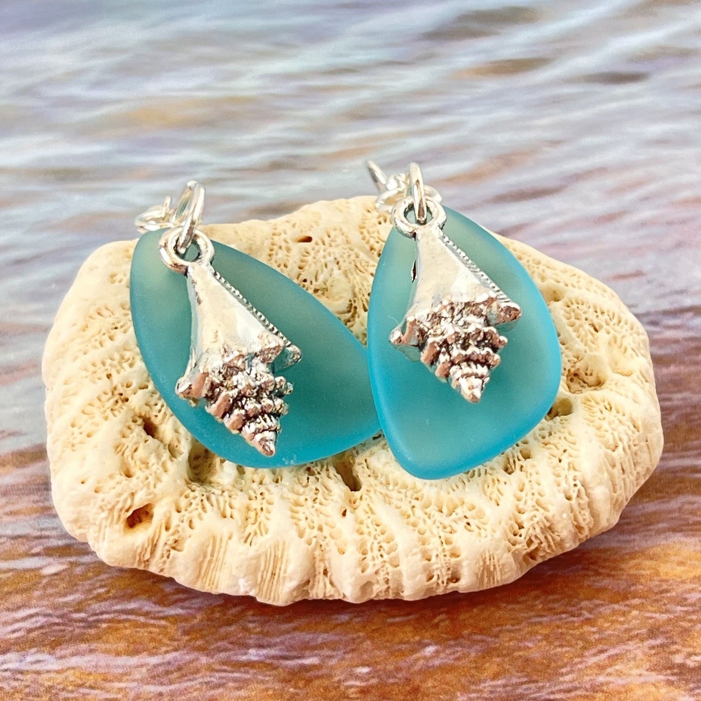 Sea Glass Shell Earrings – Matte Lavender or Ocean Blue, Eco-Friendly Coastal Beach Jewelry