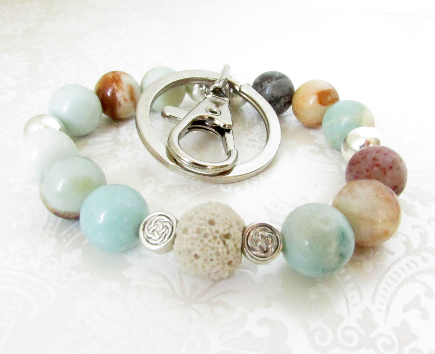 Amazonite Bracelet Keychain – Essential Oil Diffuser Wristlet Lanyard, Coastal Beach Gift
