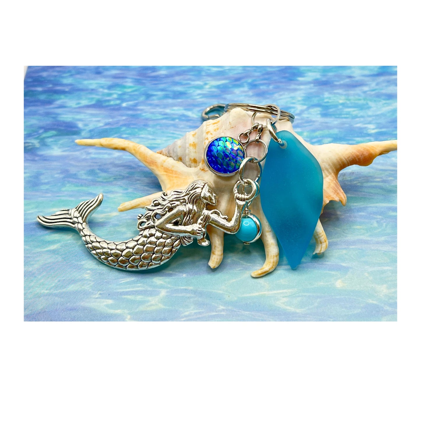 Mermaid Keychain – Large Silver Charm & Blue Sea Glass, Coastal Purse Charm (Keychain or Car Charm)