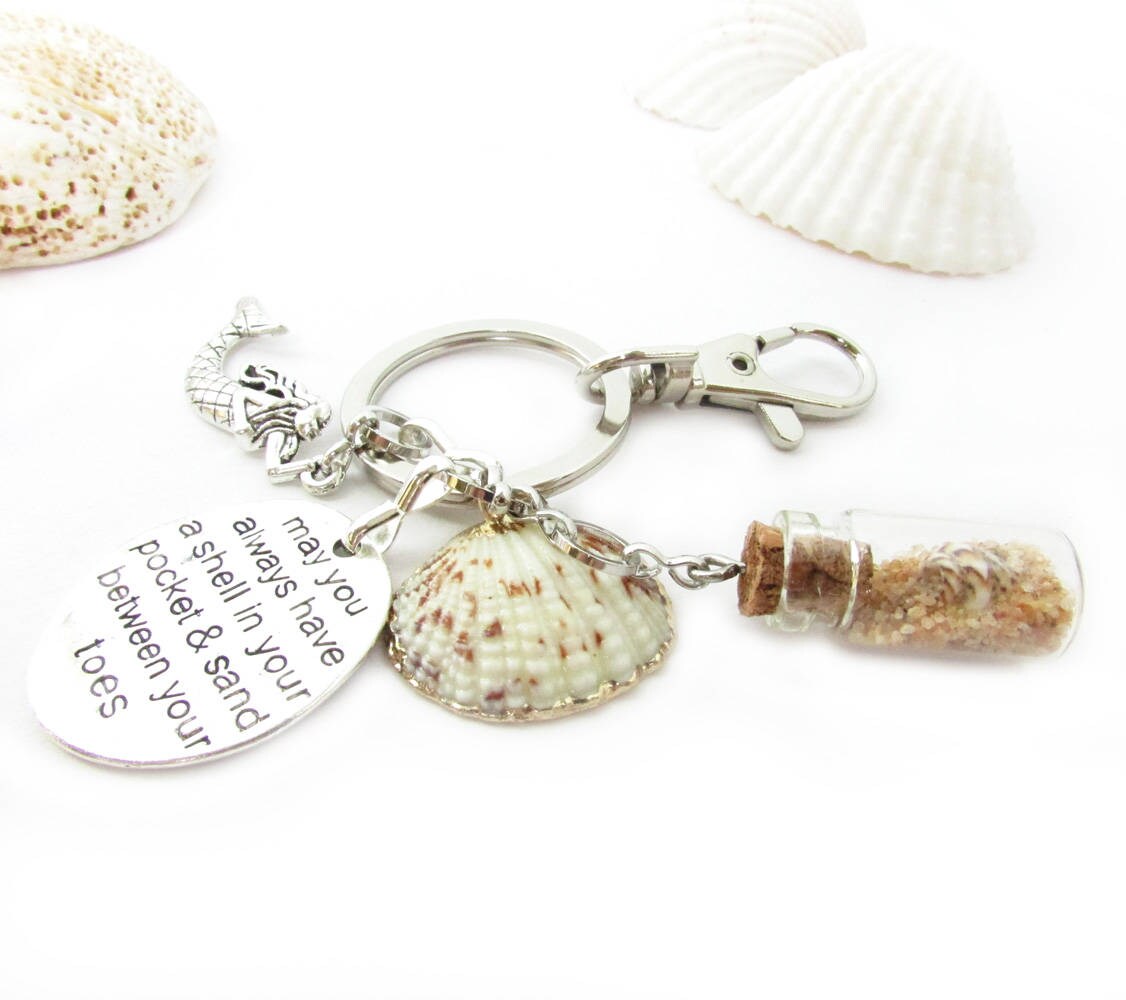 Seashell Keychain – Mermaid Charm, Beach Sand Bottle & Quote (Keychain or Car Charm)