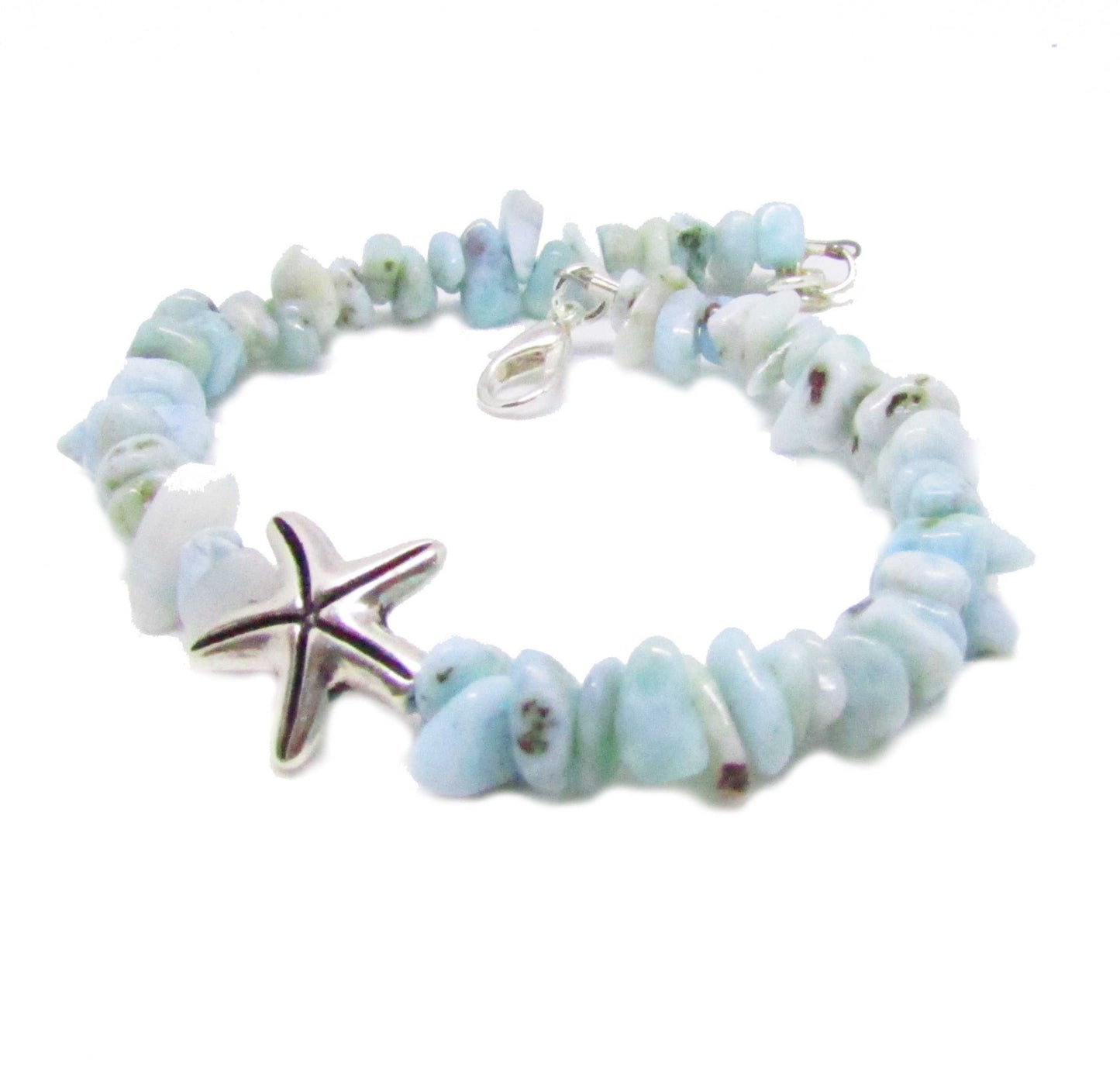 Larimar Chip Bracelet with Starfish – Healing Coastal Chakra Jewelry, Spiritual Beach Gift