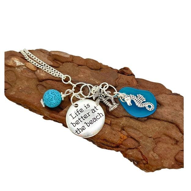 Sea Glass Rear View Mirror Charm – Tropical Beach Car Accessory with Sand Dollar & Sea Turtle