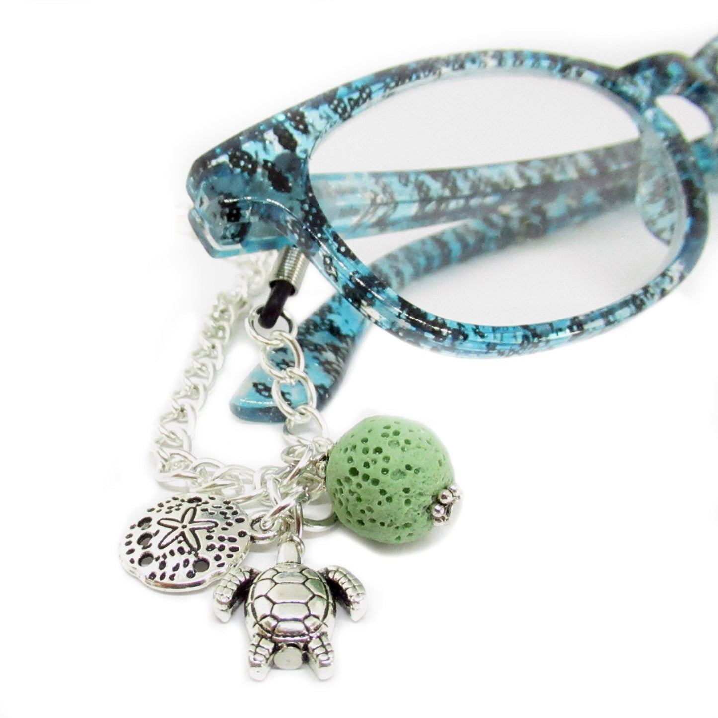 Sea Turtle Eyeglass Lanyard – Sand Dollar & Lava Bead Aromatherapy Glasses Necklace, Coastal Gift