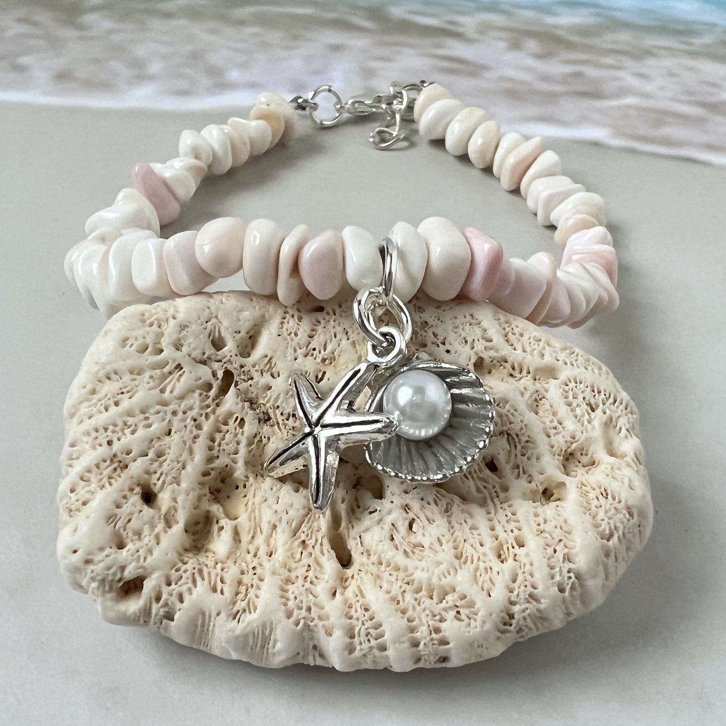 Pink Shell Bracelet – Starfish Charm & Pearl Beads, Natural Coastal Beach Jewelry for Her