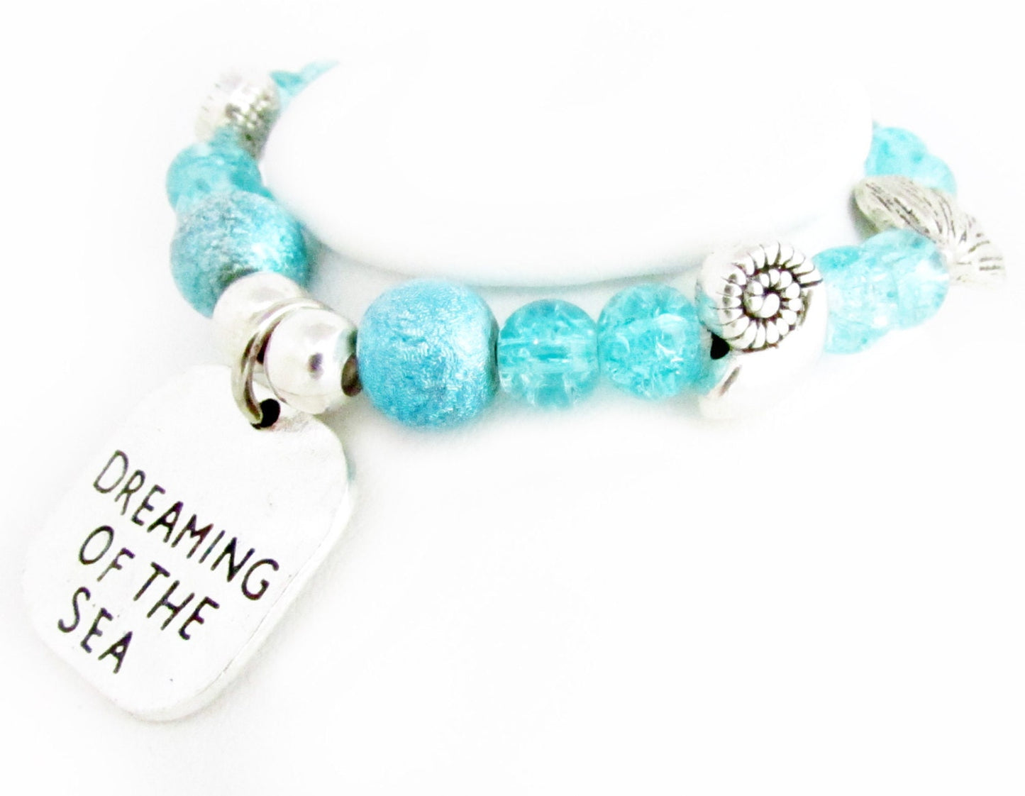 Aqua Beaded Keychain Bracelet – Shell Charm Wristlet Keyring, Coastal Beach Gift for Her