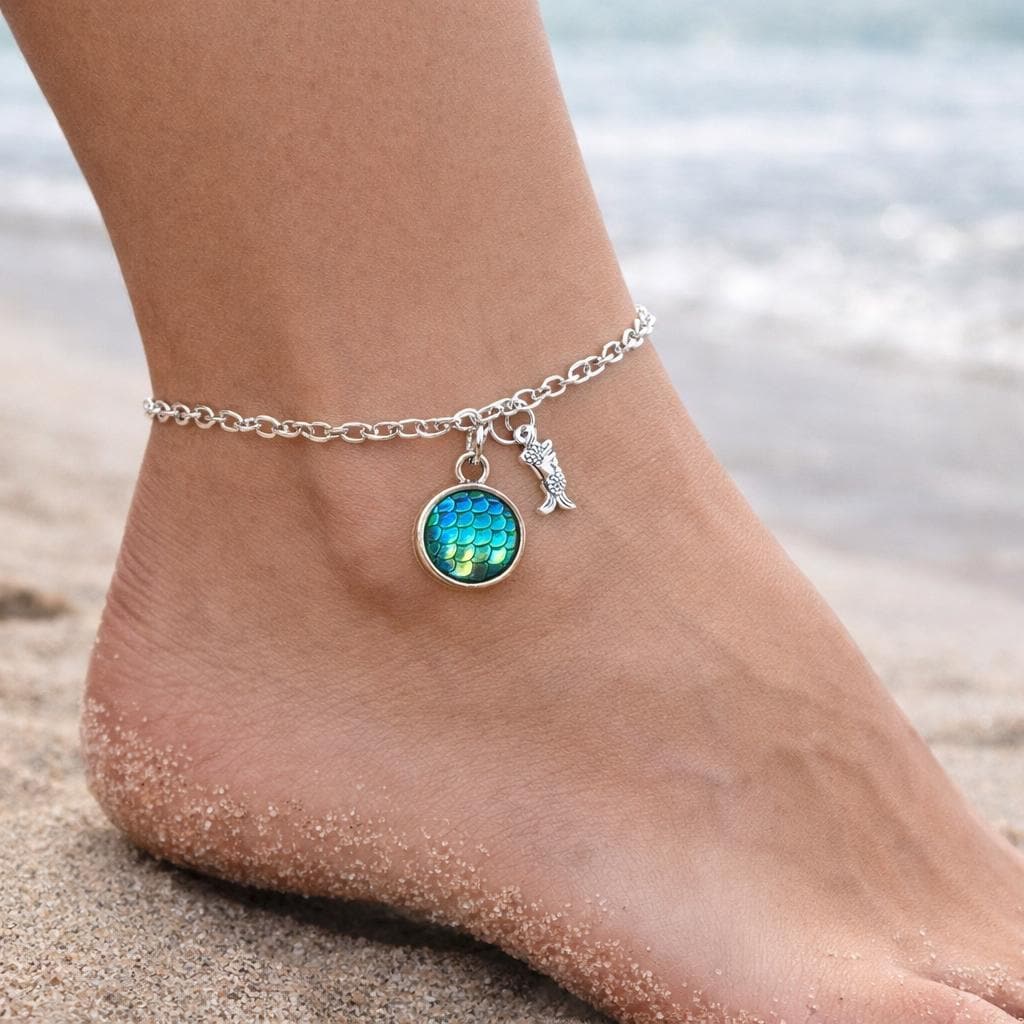Silver tone mermaid fish scale charm anklet shown on a model — handmade beach jewelry