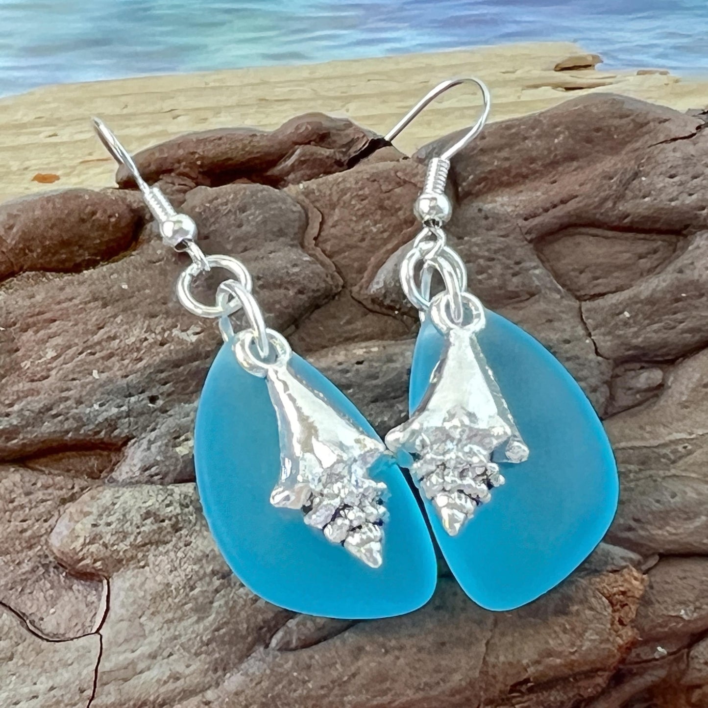 Sea Glass & Seashell Earrings – Purple or Blue Coastal Drop Jewelry, Handmade Beach Gift