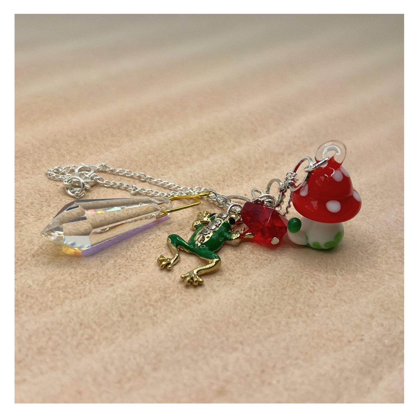 Frog Car Charm – Glass Mushroom Prism Rear View Mirror Sun Catcher, Cottagecore Handmade Gift