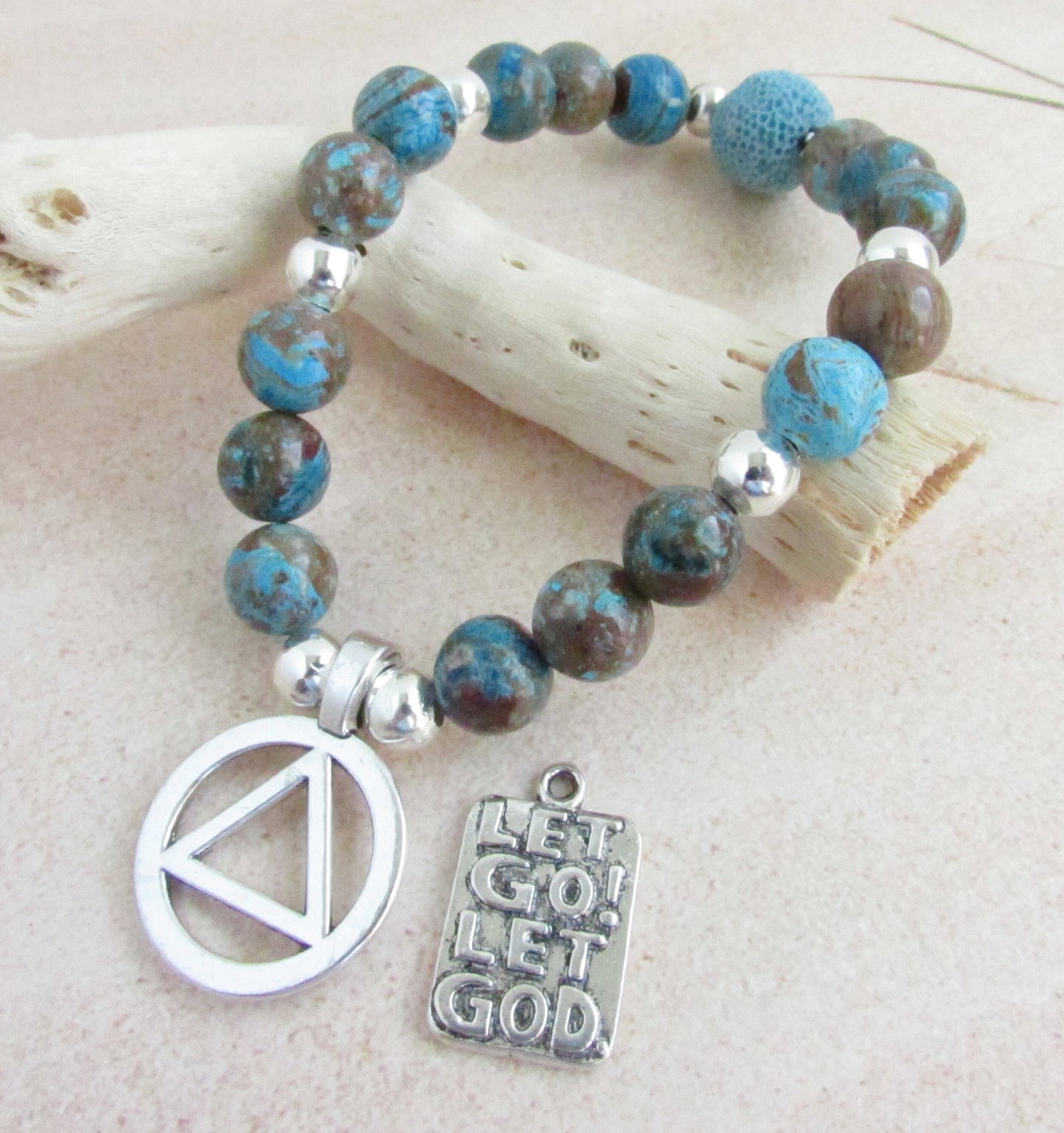 AA Sobriety Bracelet – Blue Crazy Lace Agate & Lava Bead Recovery Jewelry with AA Symbol or Let Go Let God Charm