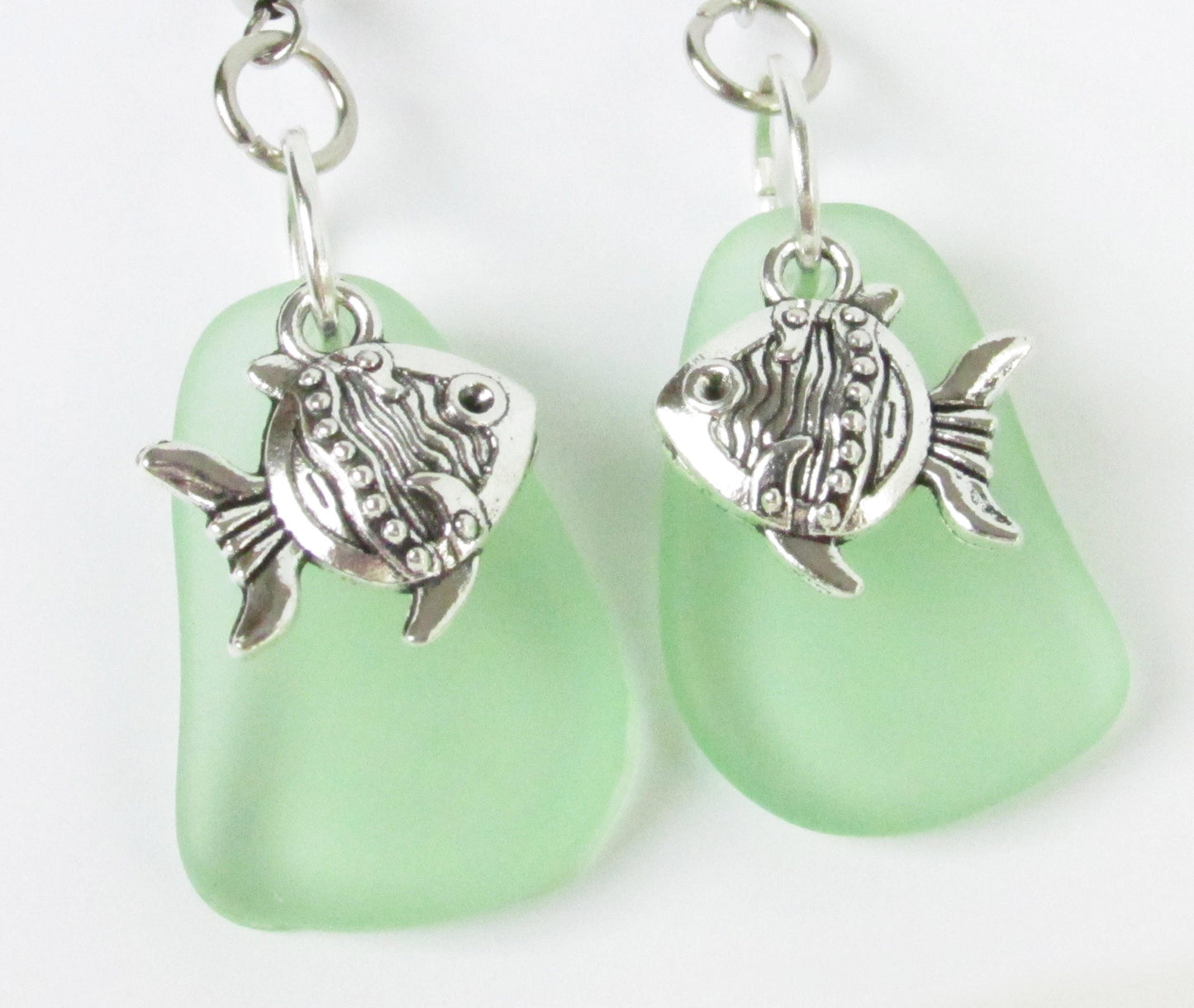 Sea Glass Goldfish Dangle Earrings – Green Eco-Friendly Coastal Beach Jewelry Gift for Her