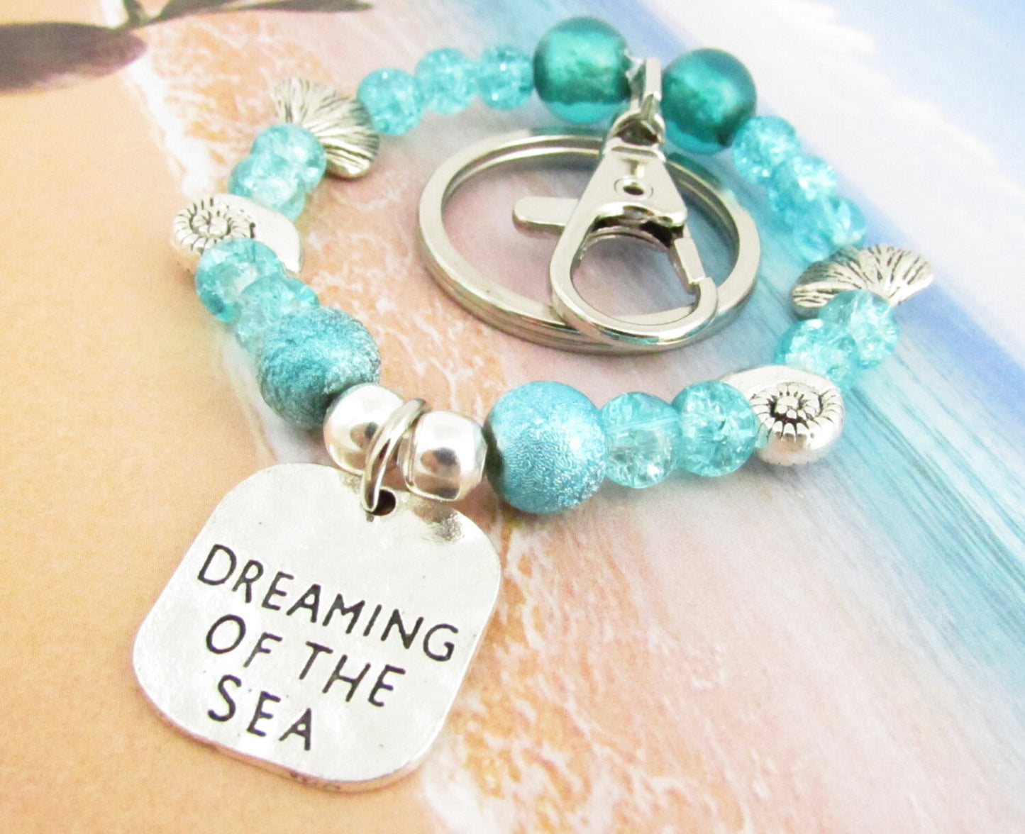 Aqua Beaded Keychain Bracelet – Shell Charm Wristlet Keyring, Coastal Beach Gift for Her