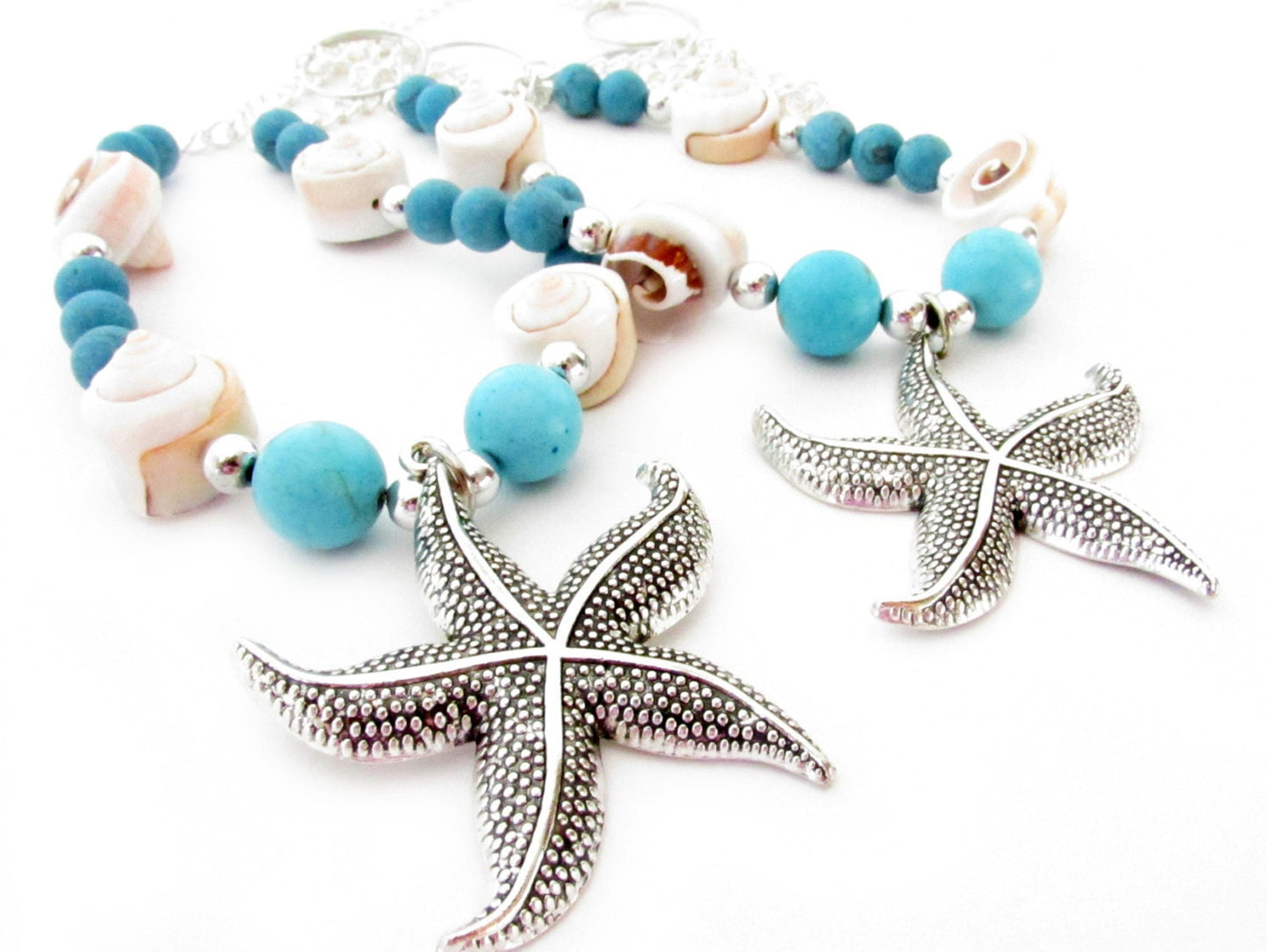 Starfish Curtain Tiebacks – Turquoise Beaded Coastal Beach Decor, Set of 2