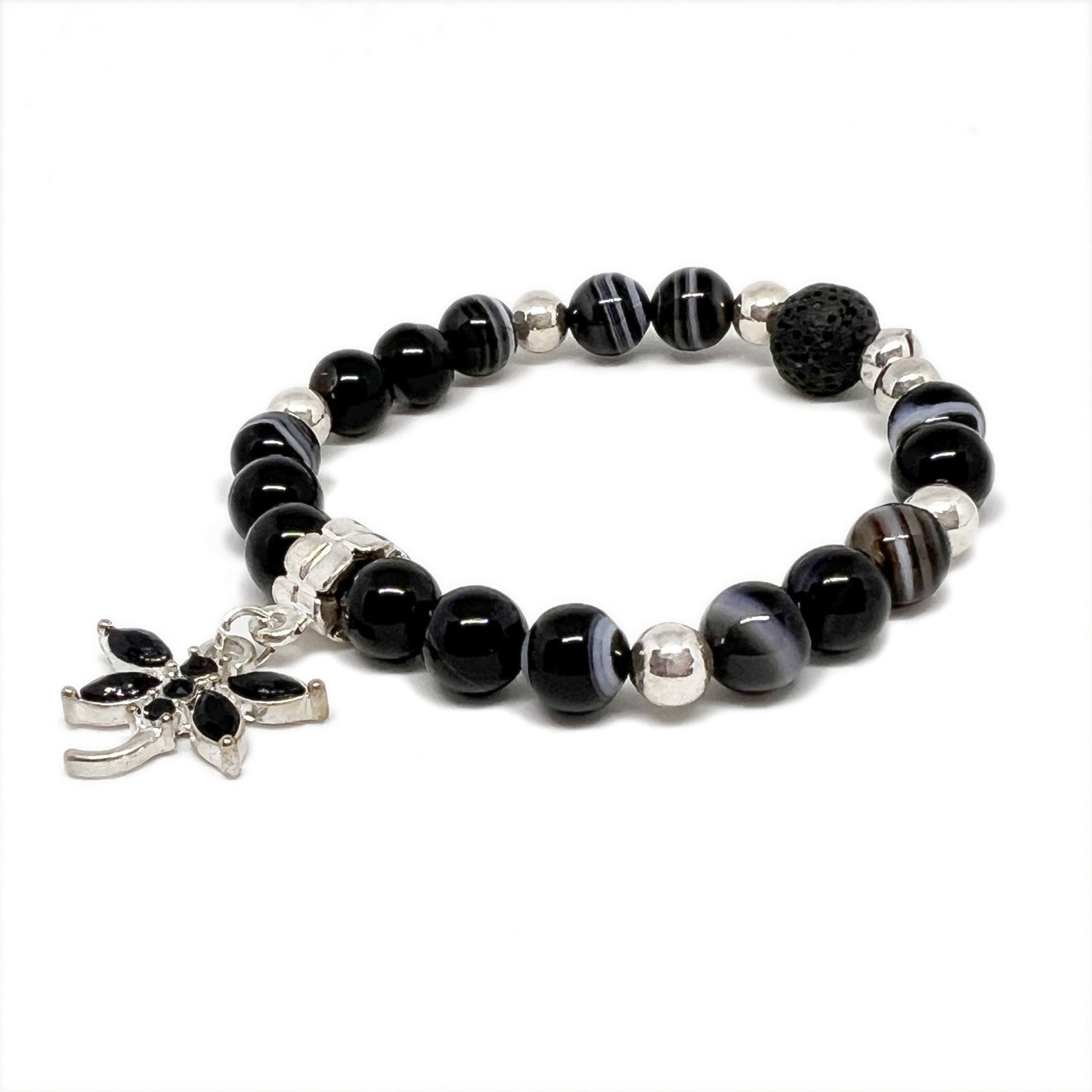 Dragonfly Charm Bracelet – Botswana Agate & Lava Stone Aromatherapy, Handmade Boho Jewelry